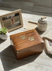 Large Personalised Handmade Wooden Pet Urn Box For Dogs With Brass Paw Inlays