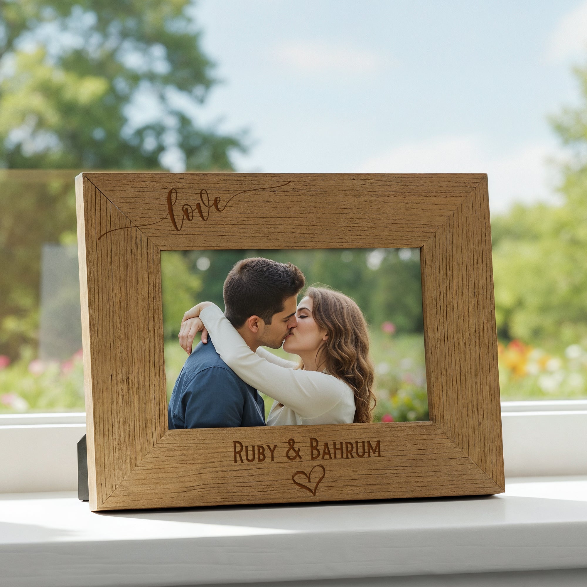 Personalised Love Photo Frame Gift Swish Heart Landscape Engraved Wooden personalised photo frames ukgiftstoreonline