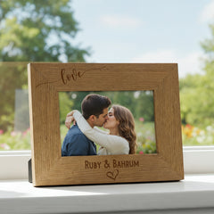 Personalised Love Photo Frame Gift Swish Heart Landscape Engraved Wooden personalised photo frames ukgiftstoreonline