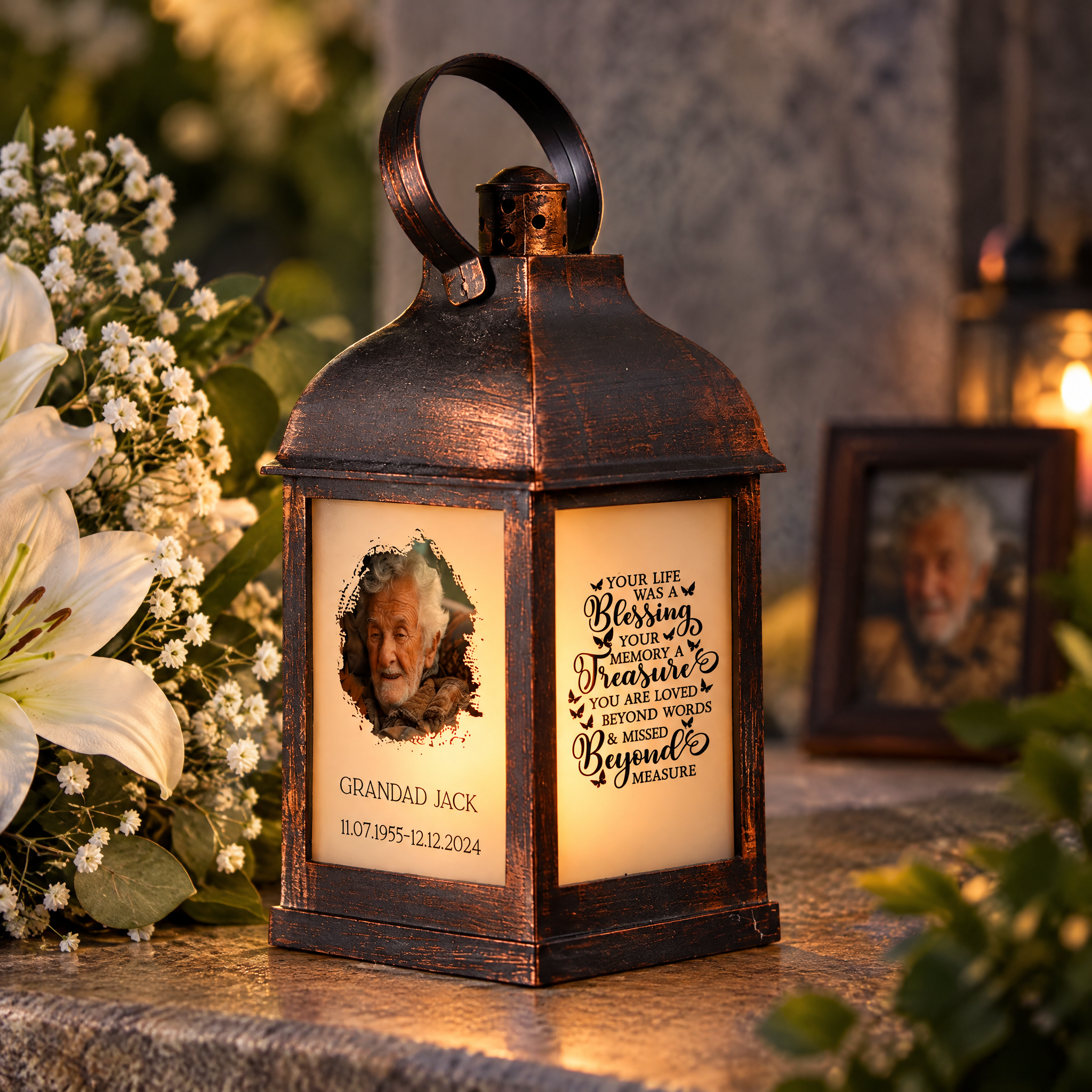 Personalised Memorial Photo Upload Lantern, Memorial Candle, Your Life Was A Blessing memorial lantern ukgiftstoreonline Bronze