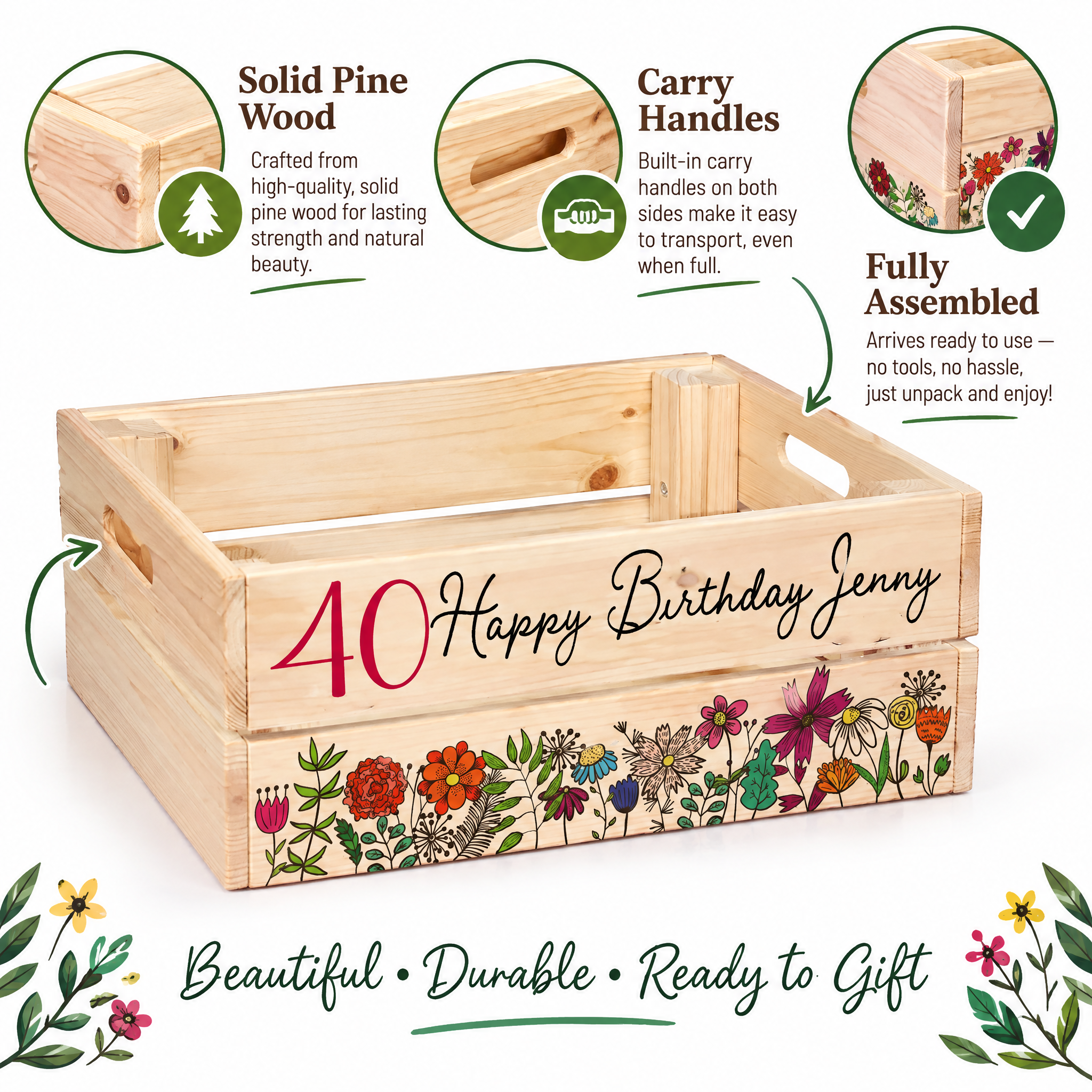 Personalised 40th Birthday Flower Crate Box Gift For Her storage crate ukgiftstoreonline