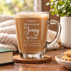 Personalised Gift For Retirement Engraved Glass Coffee Cup, Tea Cup Personalised Birthday Gift ukgiftstoreonline