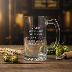 Personalised Engraved Beer Stein with Thumb Handle, 520ml Capacity, Laser Etched Glass Mug, Dishwasher Safe, Gift Box, 150mm High personalised beer glasses ukgiftstoreonline