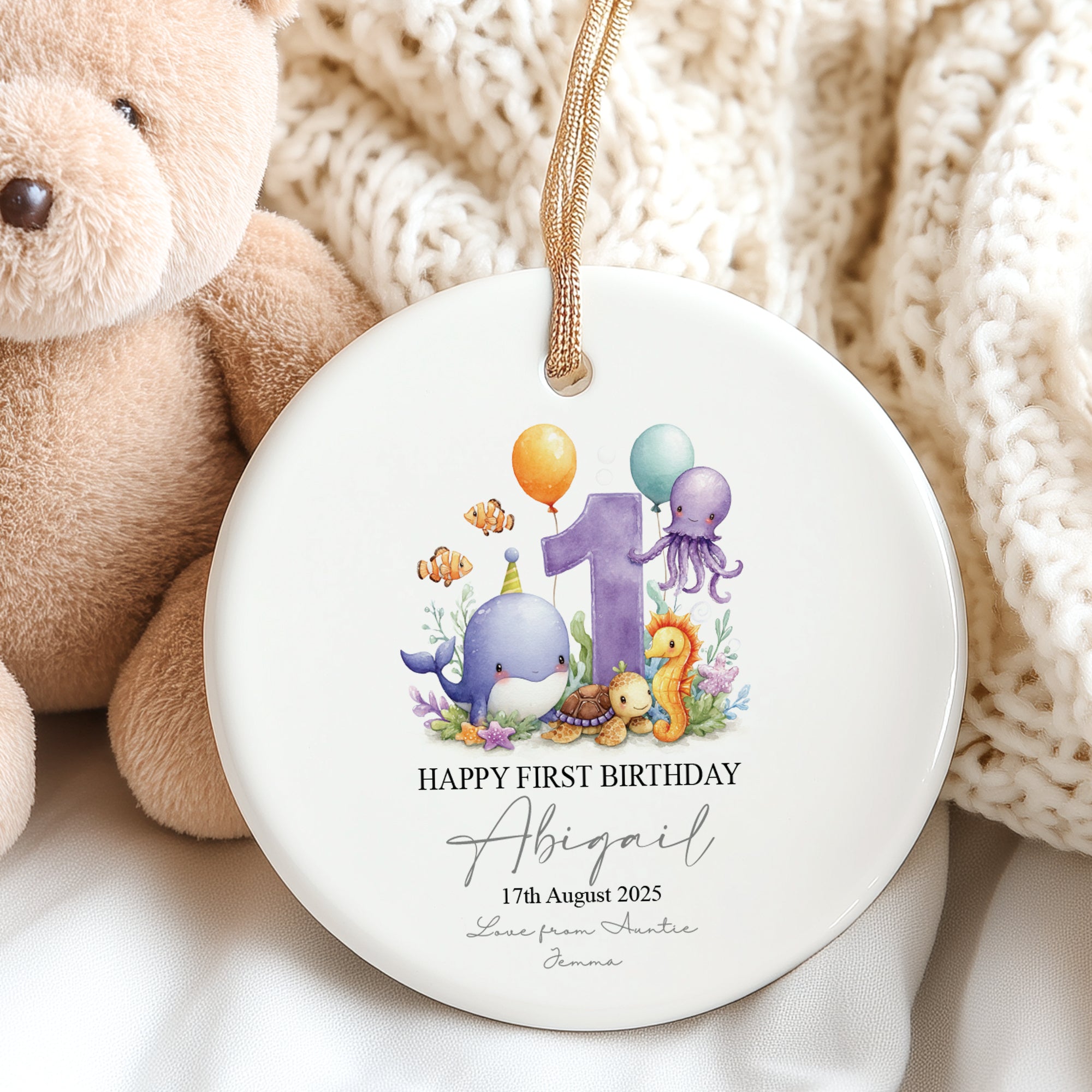 Personalised First Birthday Ornament Keepsake Gift With Sea Mammals Personalised Heart Gifts ukgiftstoreonline Design 1