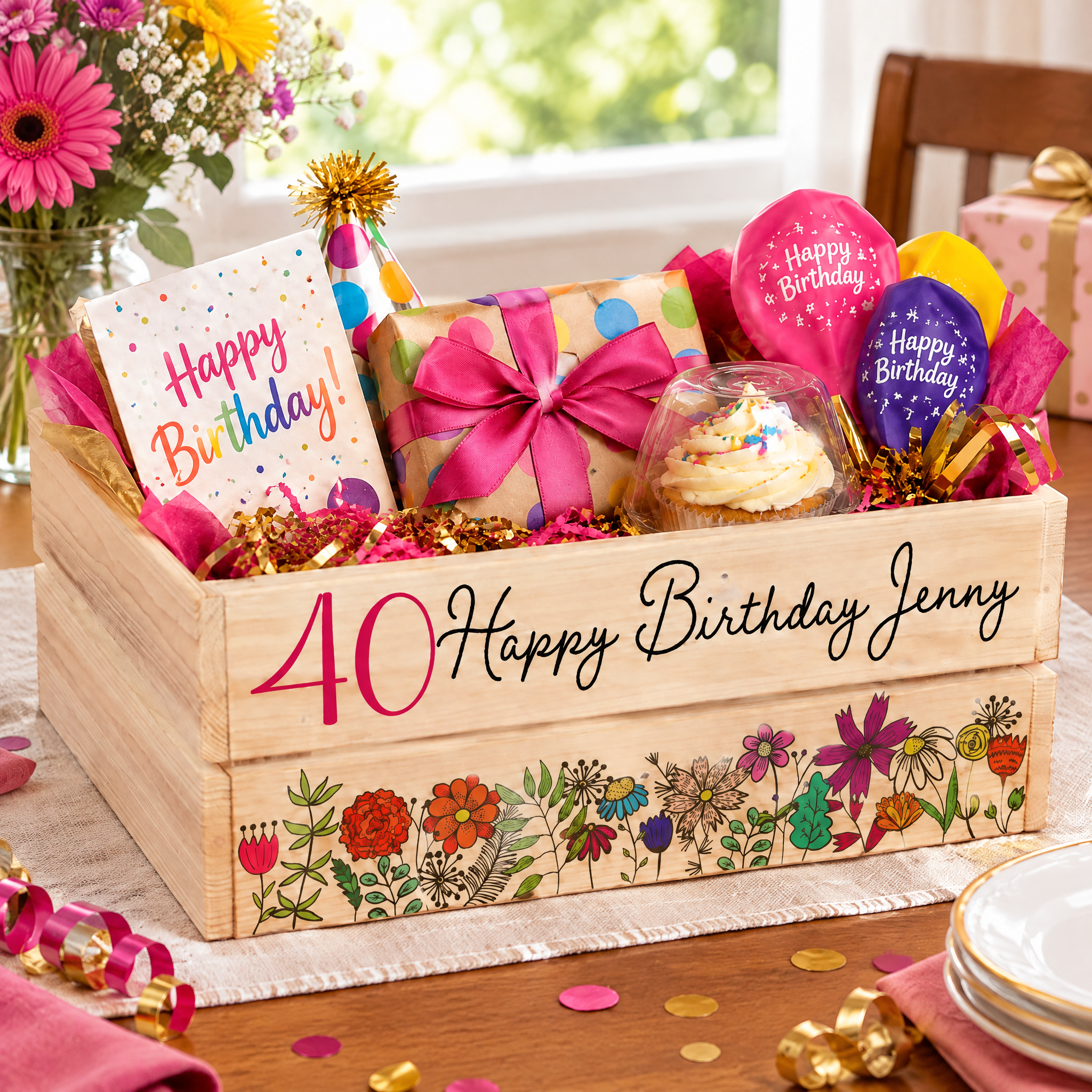 Personalised 40th Birthday Flower Crate Box Gift For Her storage crate ukgiftstoreonline