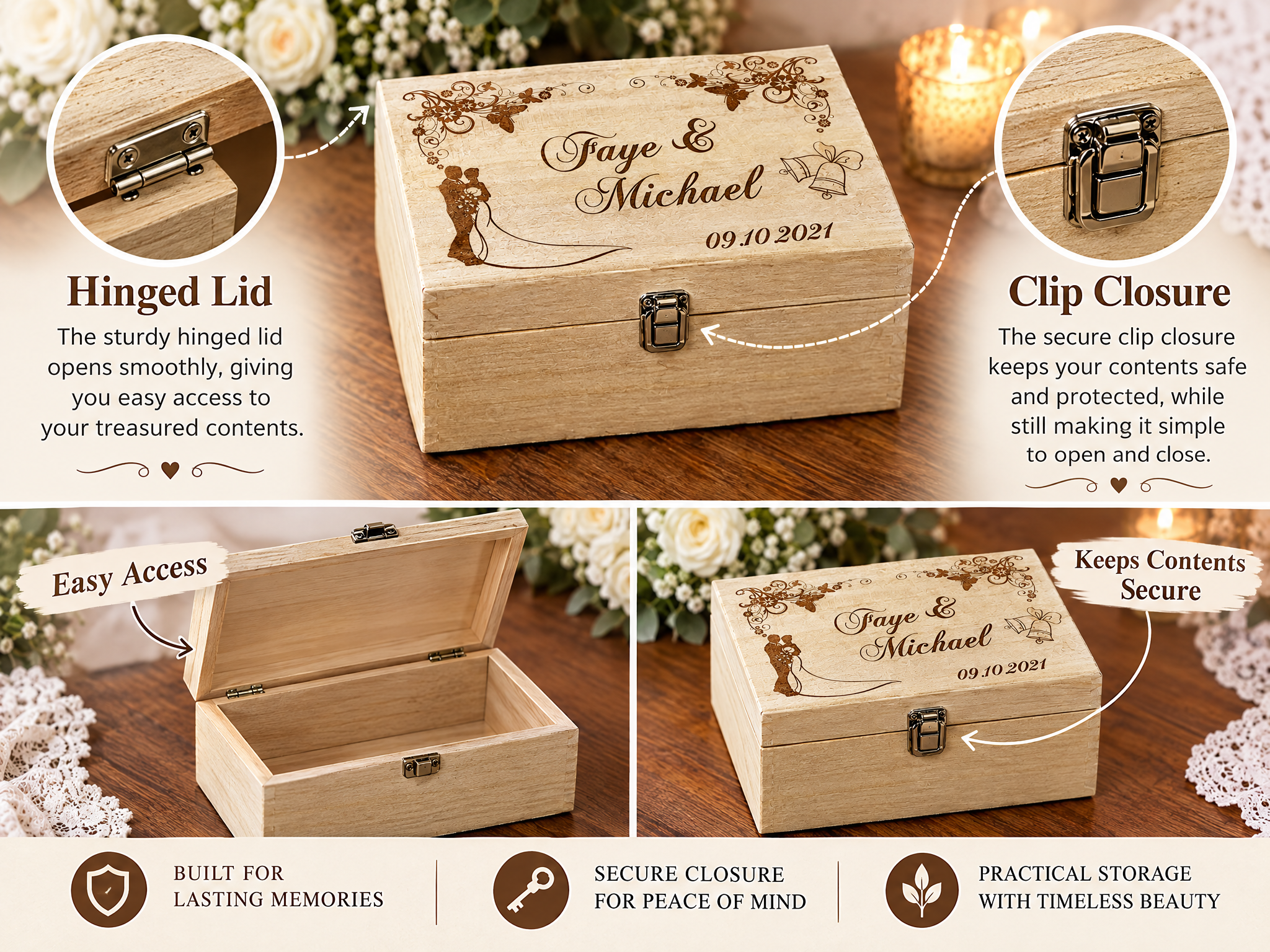 Personalised Large Wedding Floral Design Wooden Memories Keepsake Box Keepsake Memory Box Raised Words