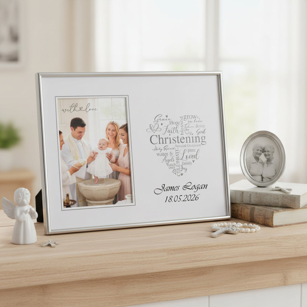 Personalised Christening Day Silver Heart Photo Frame Gift Boxed ukgiftstoreonline