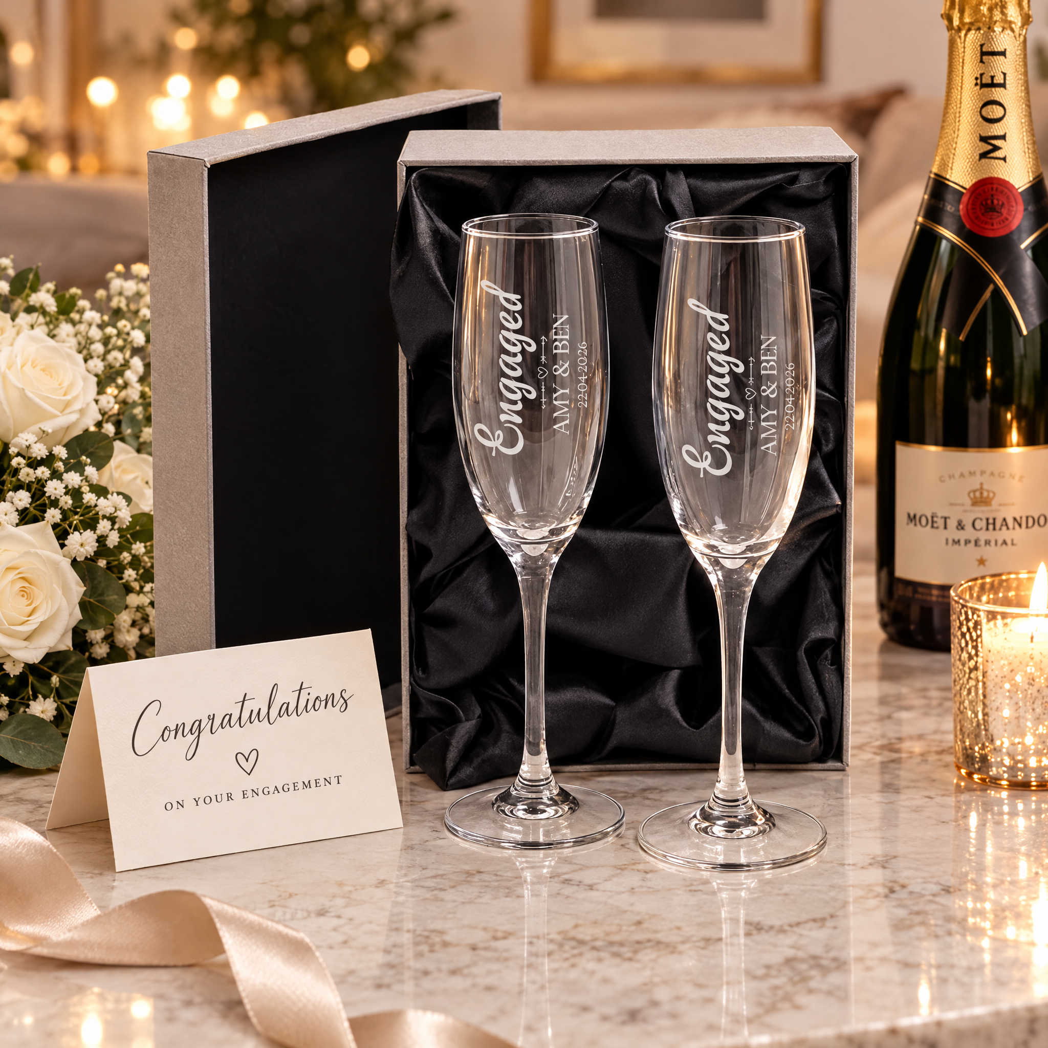 Personalised Engagement Champagne Glasses – Custom Engraved Flutes With Luxury Gift Box Personalised Champagne Glasses ukgiftstoreonline