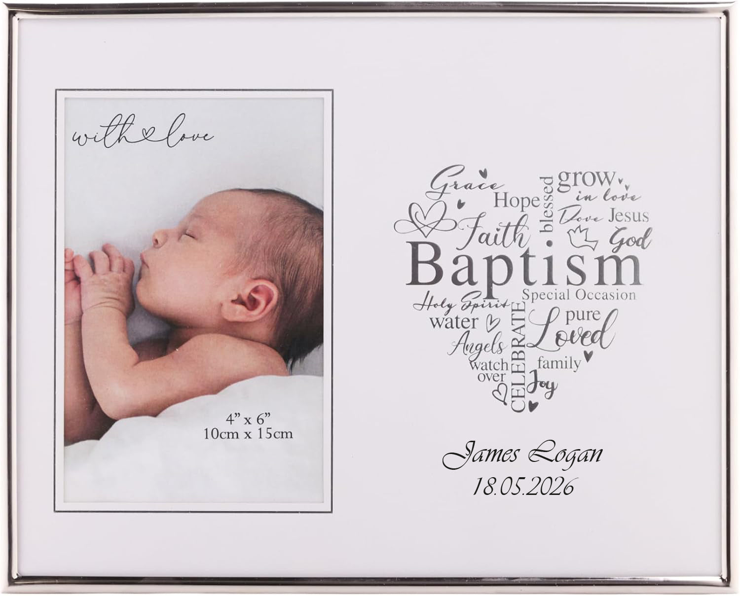 Personalised Baptism Day Silver Heart Photo Frame Gift Boxed ukgiftstoreonline