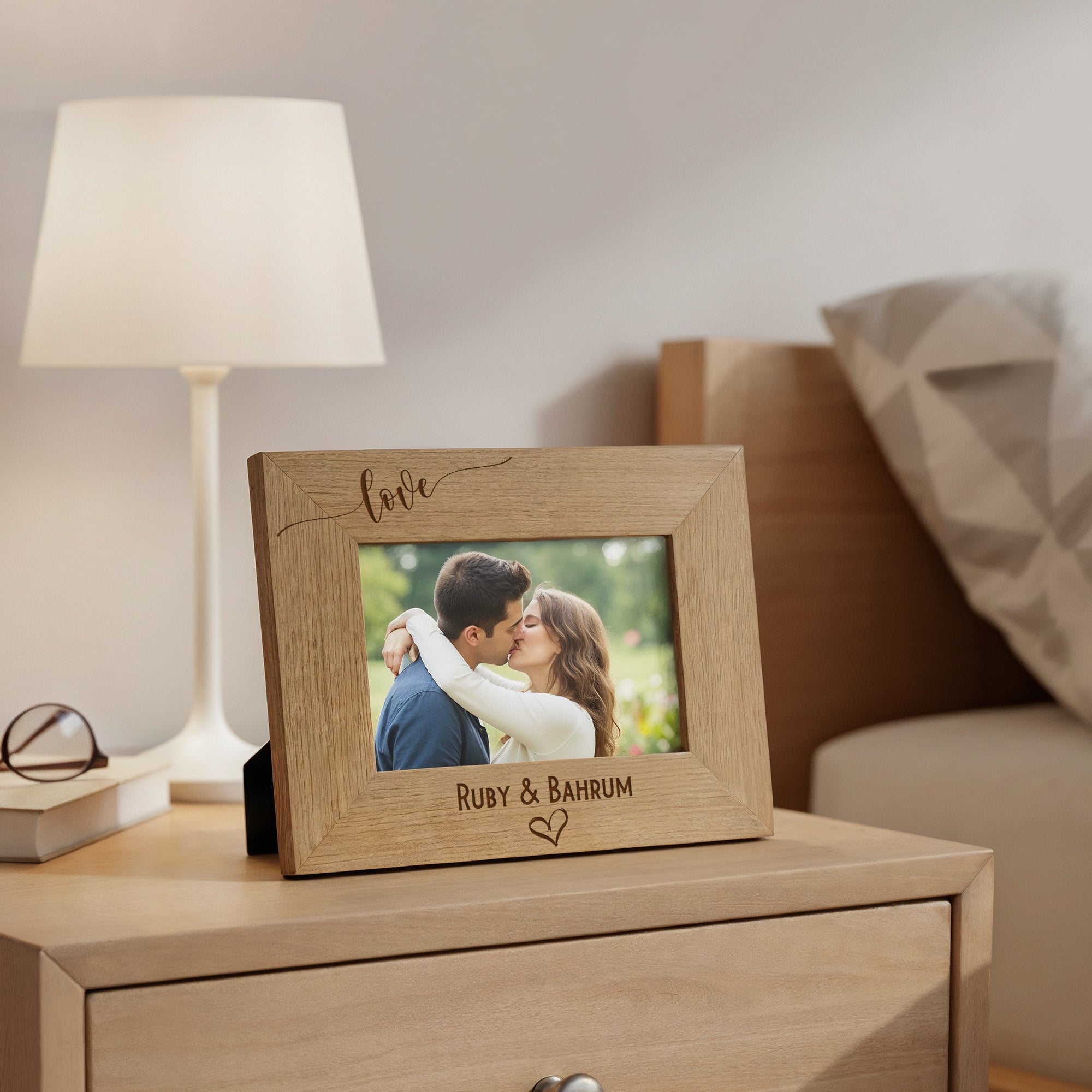Personalised Love Photo Frame Gift Swish Heart Landscape Engraved Wooden personalised photo frames ukgiftstoreonline