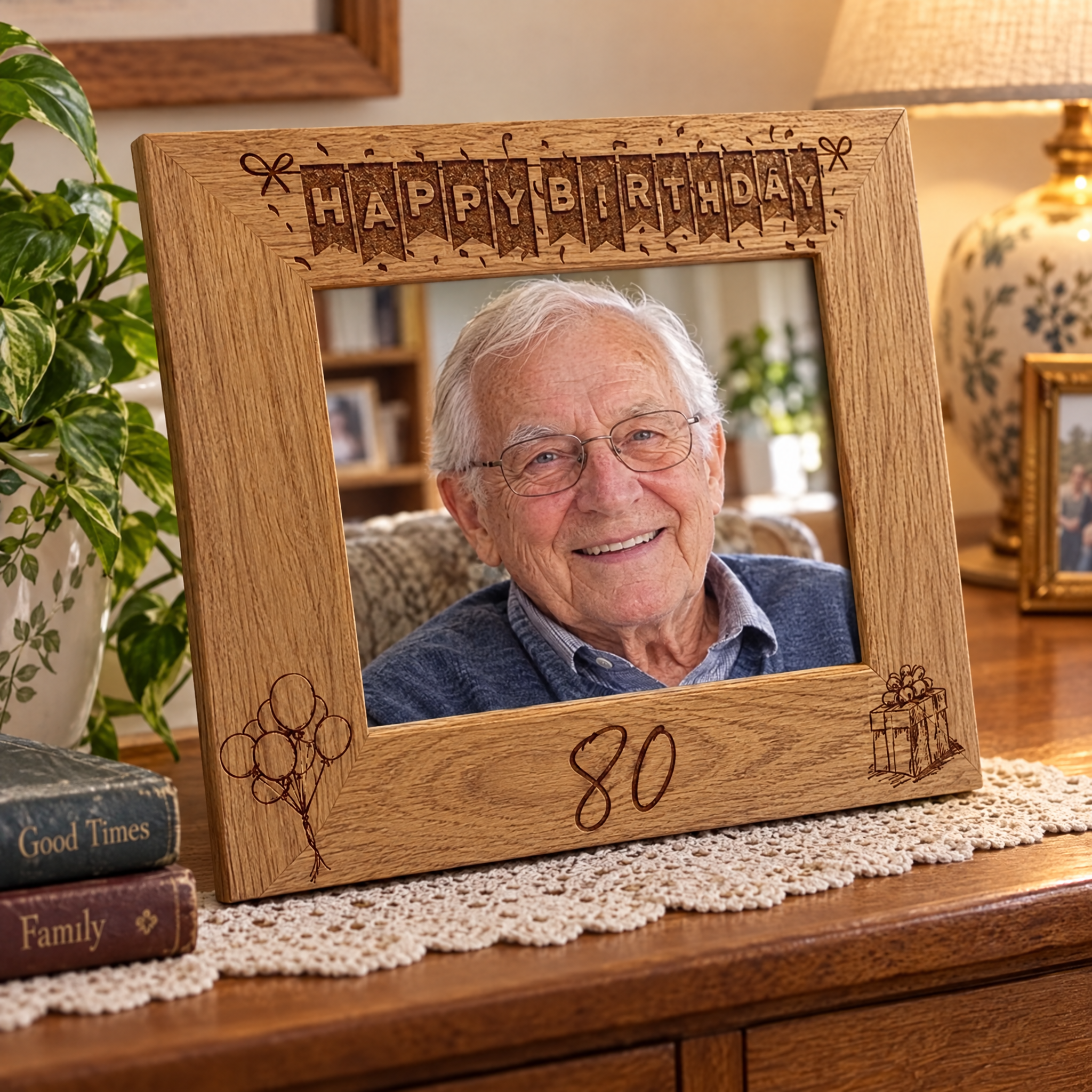 80th Birthday Photo Frame Landscape Wooden Engraved Bunting Style Gift Birthday Photo Frame ukgiftstoreonline