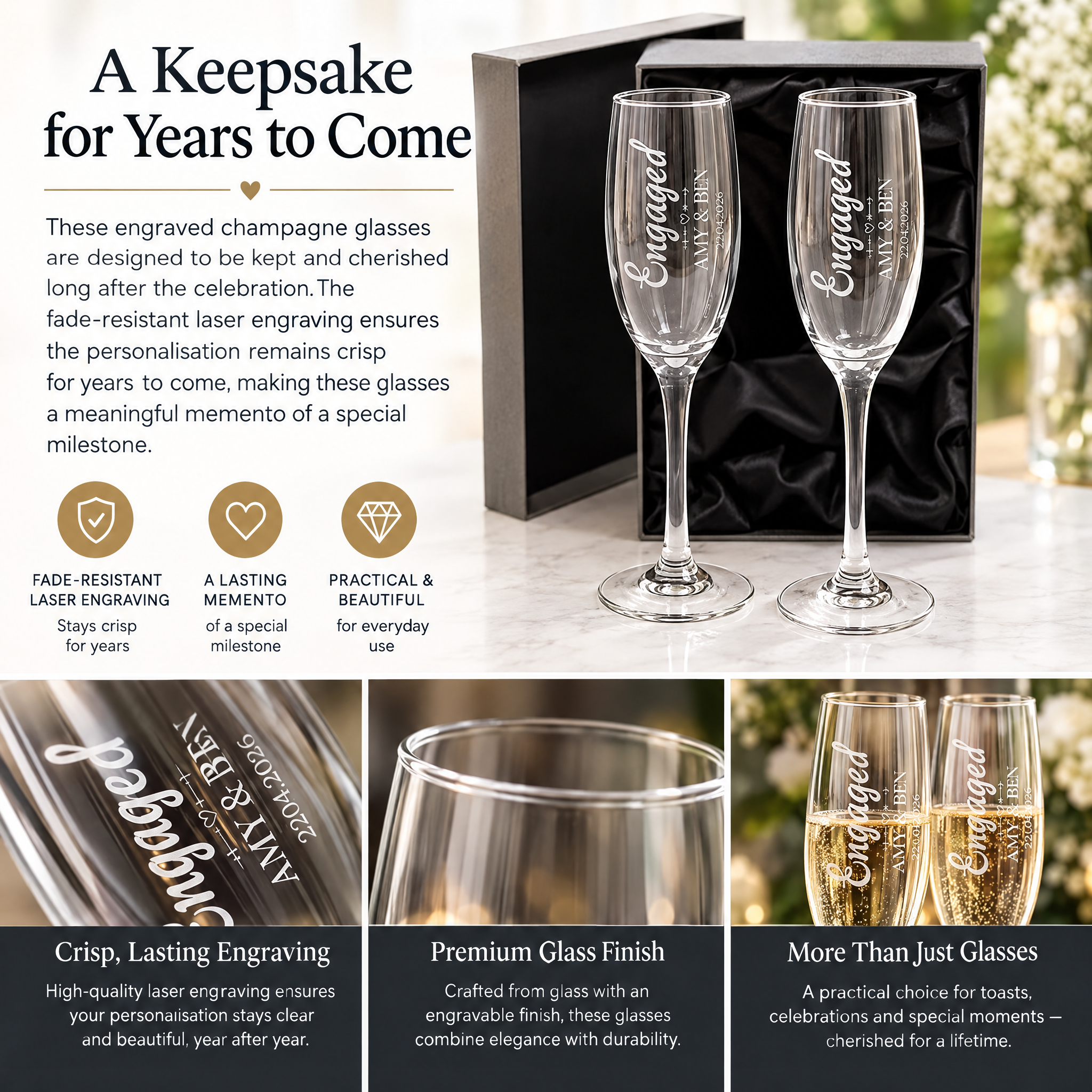 Personalised Engagement Champagne Glasses – Custom Engraved Flutes With Luxury Gift Box Personalised Champagne Glasses ukgiftstoreonline