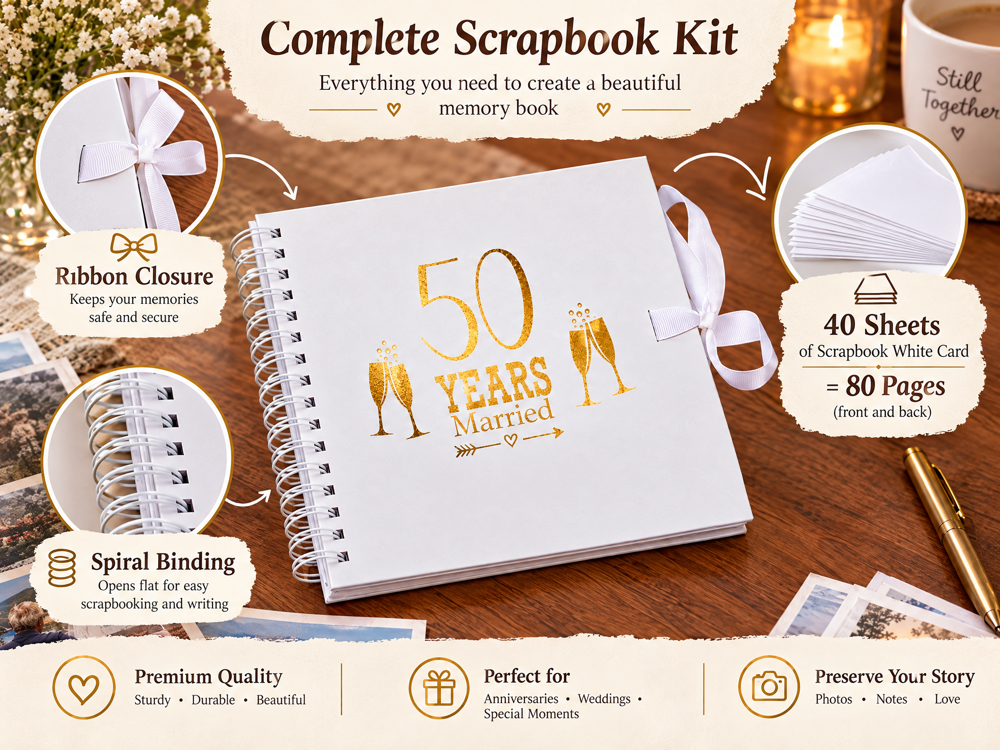 50th Golden Anniversary White Scrapbook Guest Book Photo Album Gold Script Scrapbook Guest Book ukgiftstoreonline