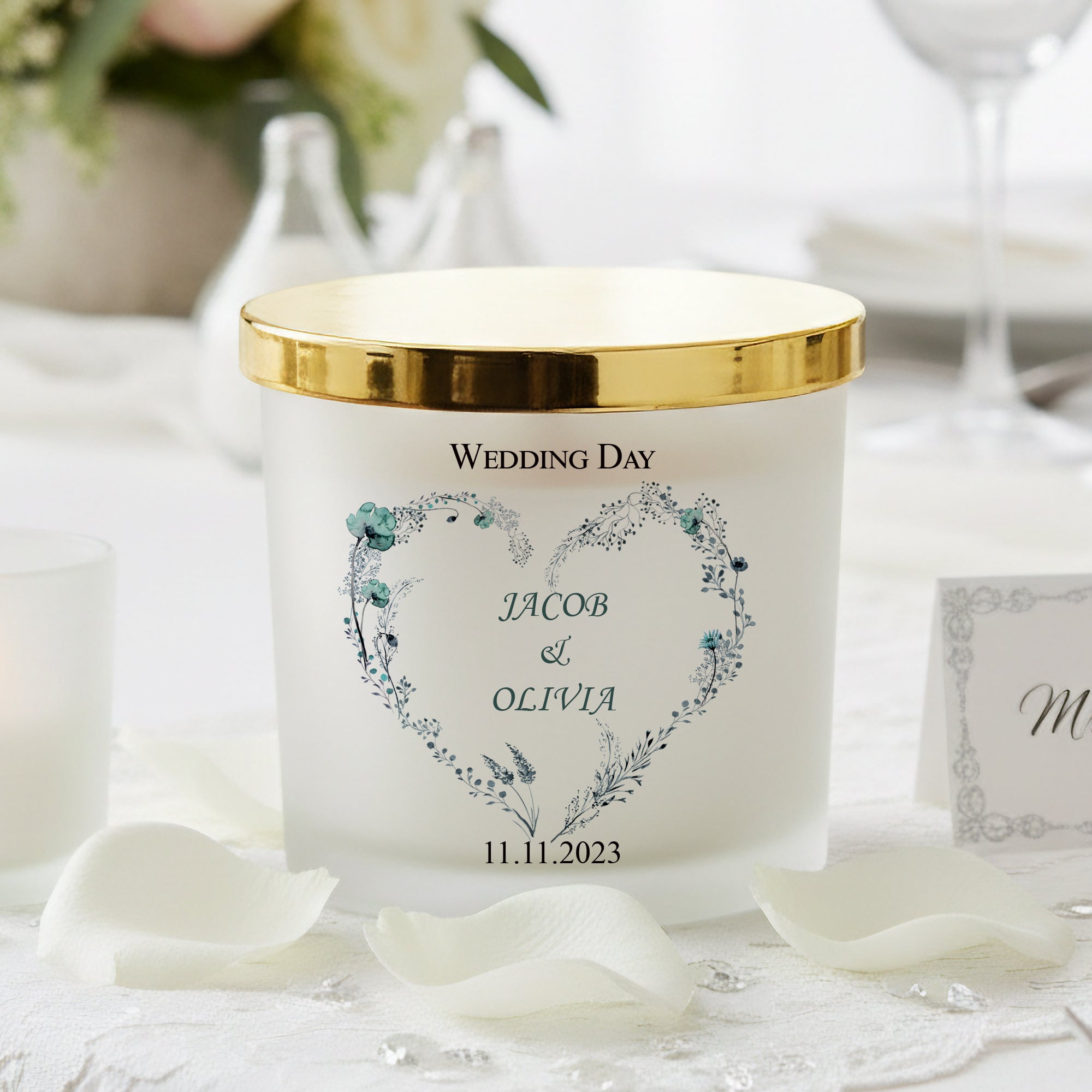 Personalised Large Double Wick Wedding Candle Gift With Dusty Blue Heart personalised Candle Lights ukgiftstoreonline