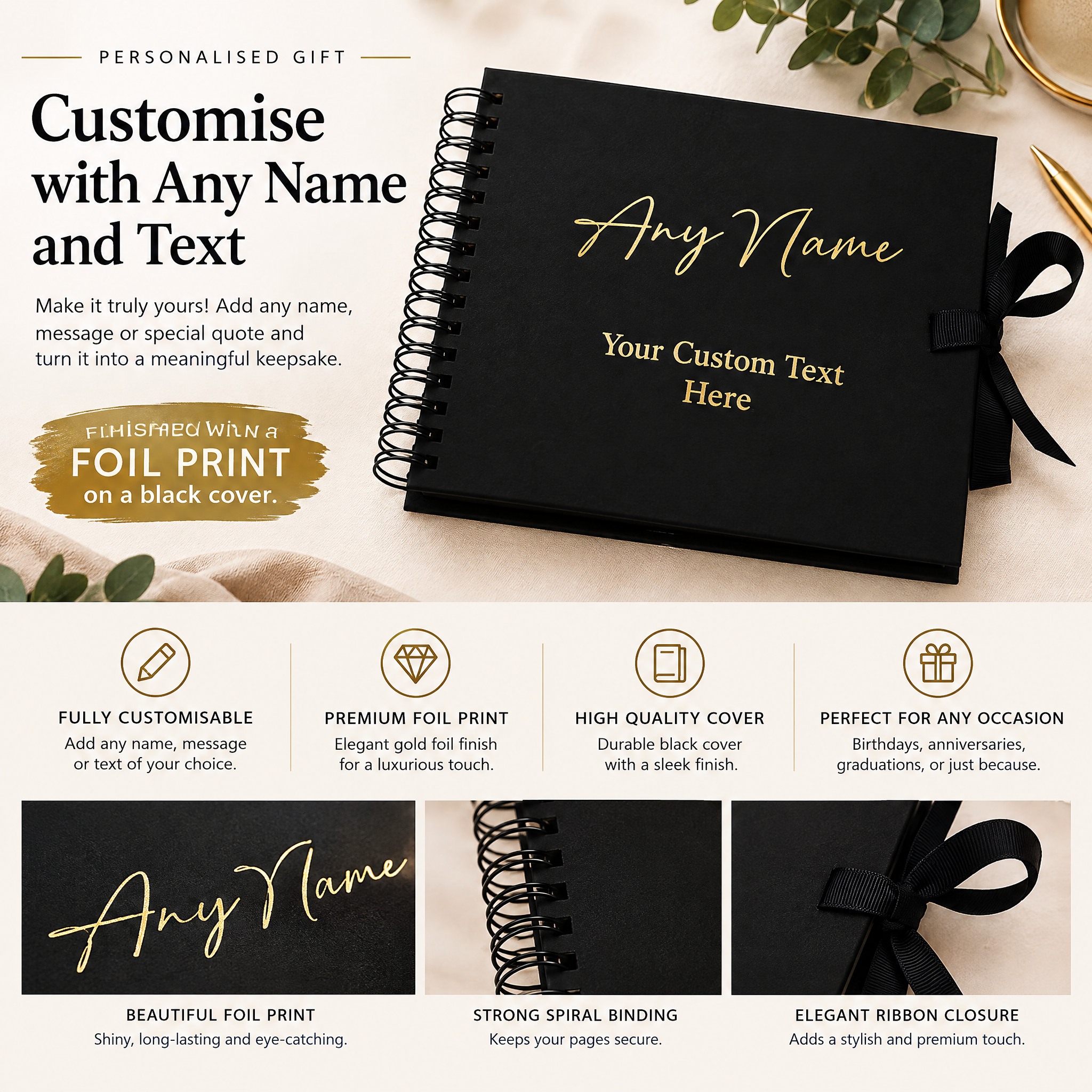 Personalised Any Name and Text Black Scrapbook Photo album Gold Print Scrapbook ukgiftstoreonline