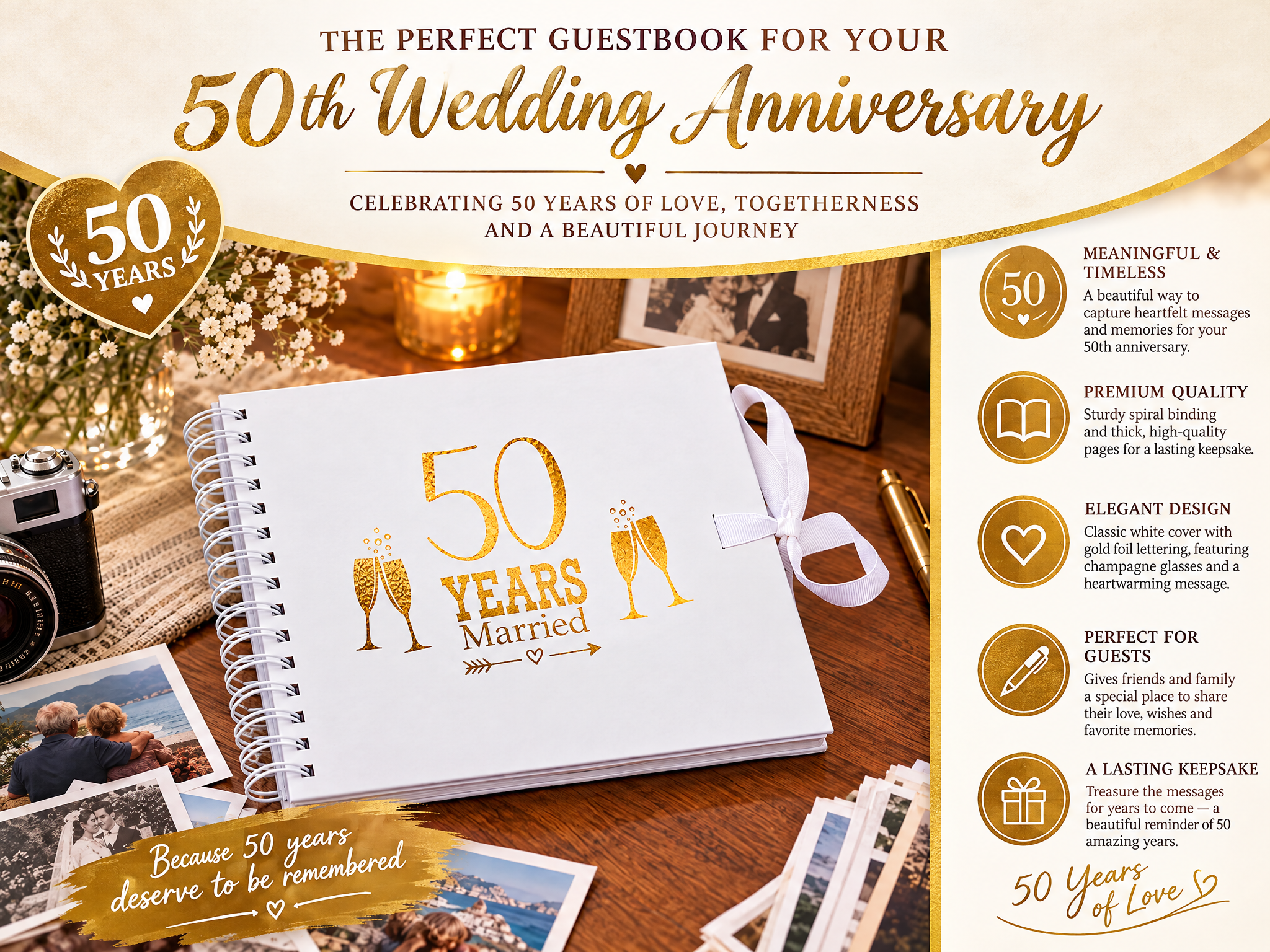 50th Golden Anniversary White Scrapbook Guest Book Photo Album Gold Script Scrapbook Guest Book ukgiftstoreonline