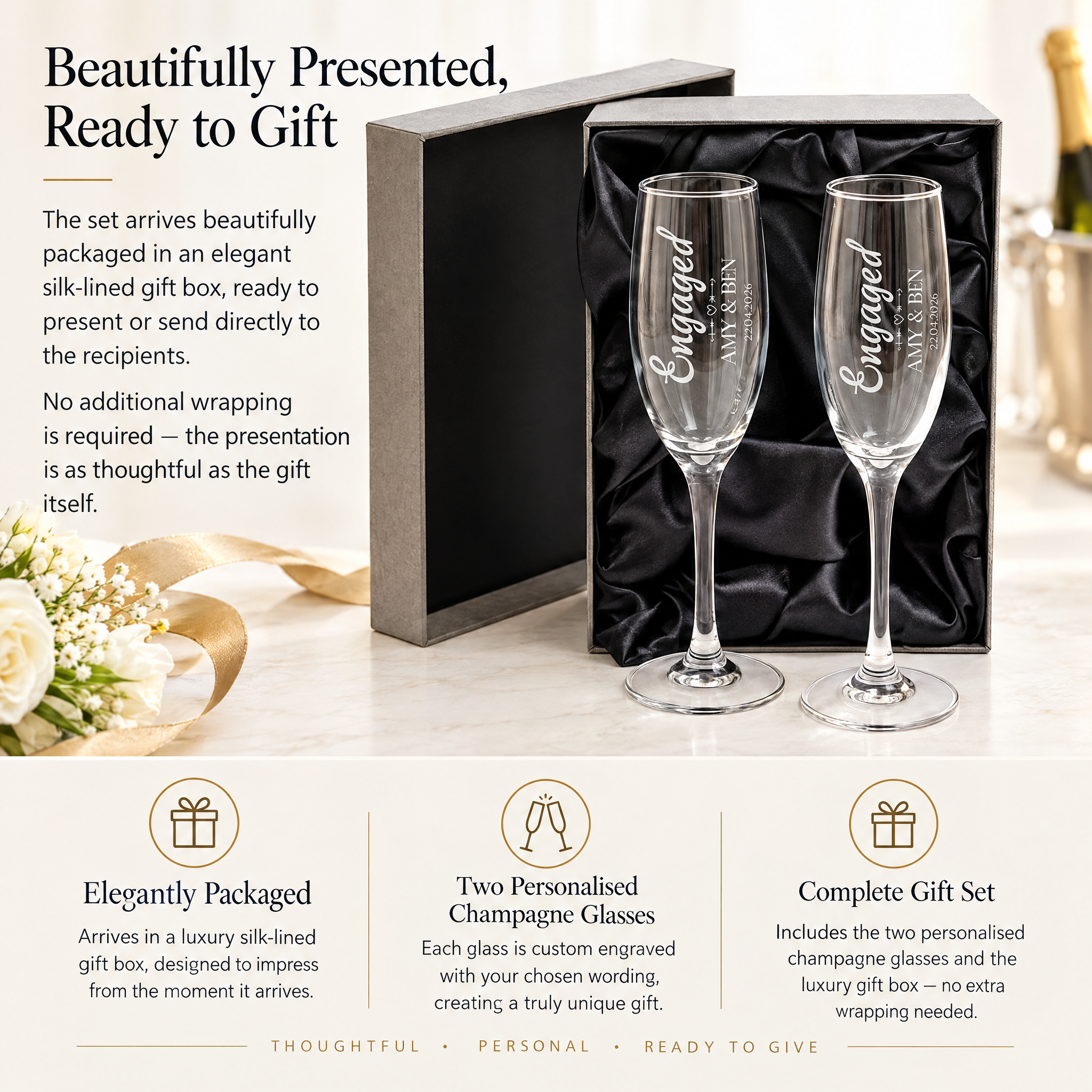 Personalised Engagement Champagne Glasses – Custom Engraved Flutes With Luxury Gift Box Personalised Champagne Glasses ukgiftstoreonline