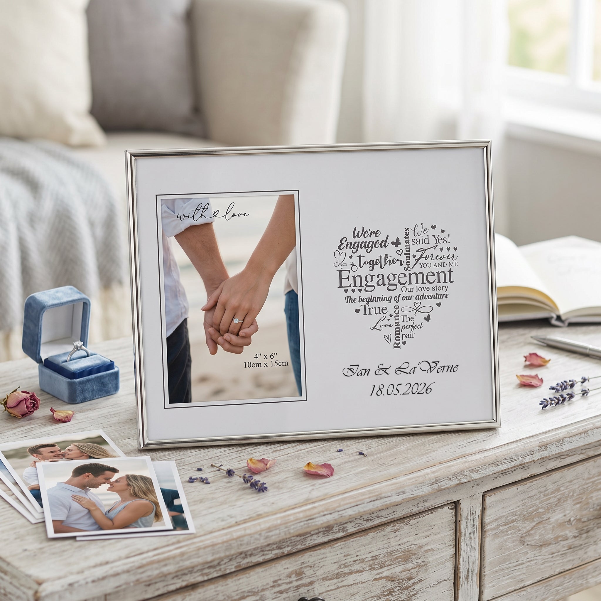 Engagement Photo Frame - Silver Heart Personalised 4x6 Keepsake Gift Boxed Anniversary Photo Frame ukgiftstoreonline