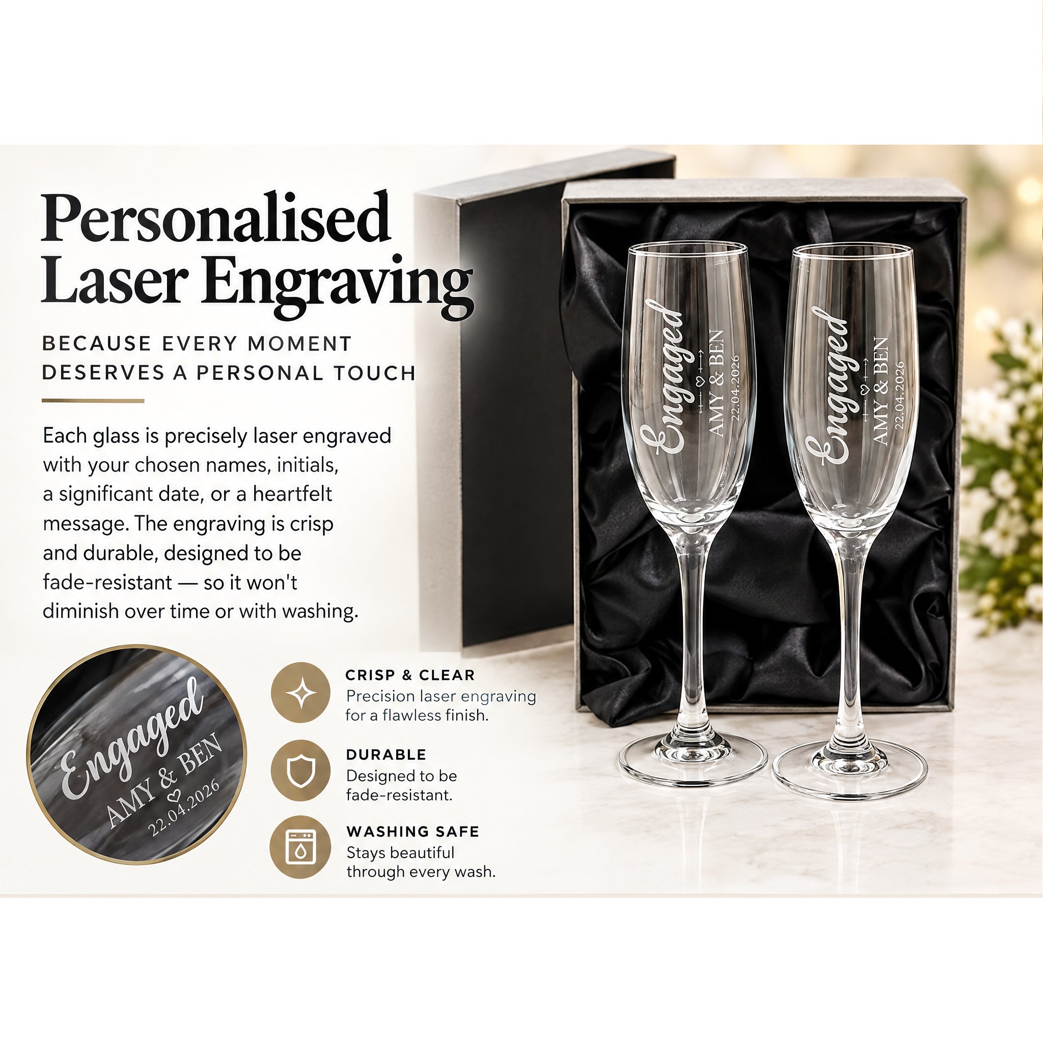 Personalised Engagement Champagne Glasses – Custom Engraved Flutes With Luxury Gift Box Personalised Champagne Glasses ukgiftstoreonline