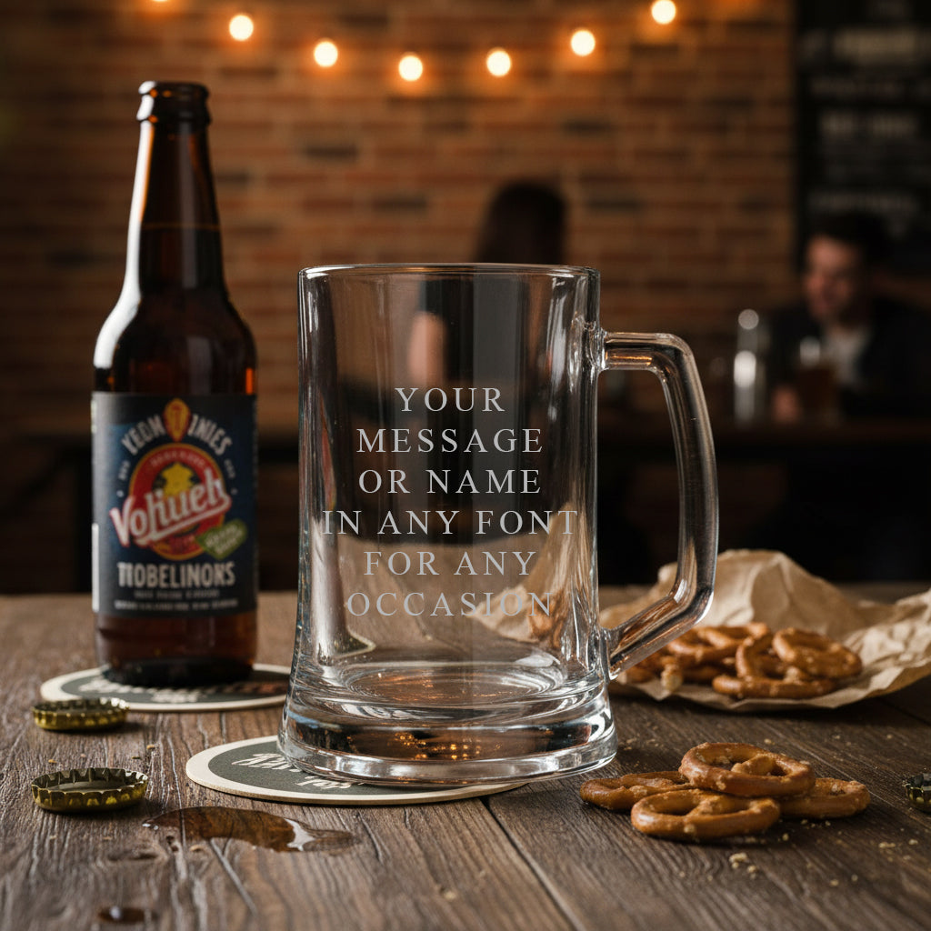 Personalised Engraved Beer Stein Glass, 510ml Capacity, Laser Engraved, Dishwasher Safe, Gift Boxed personalised beer glasses ukgiftstoreonline
