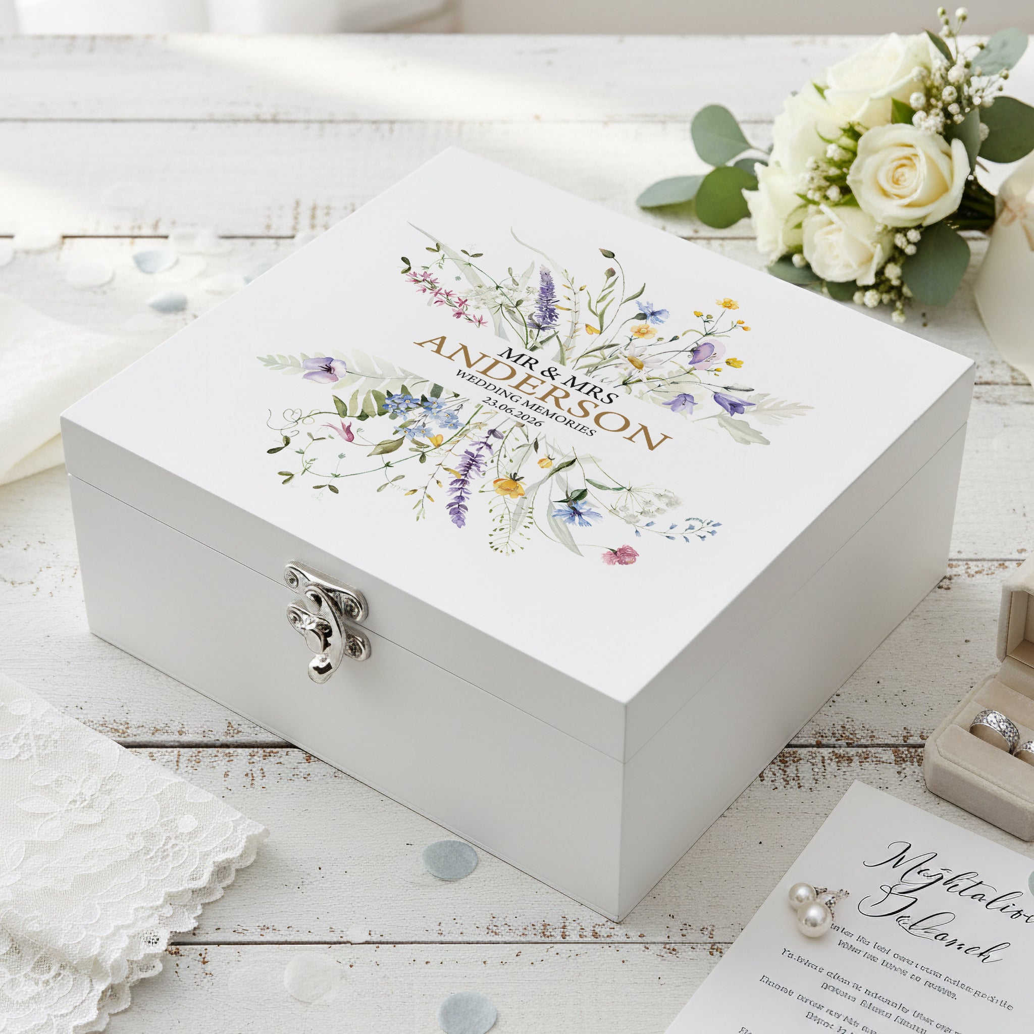 Personalised Wedding Keepsake Box – Elegant Floral Design With Wildflower Prints ukgiftstoreonline