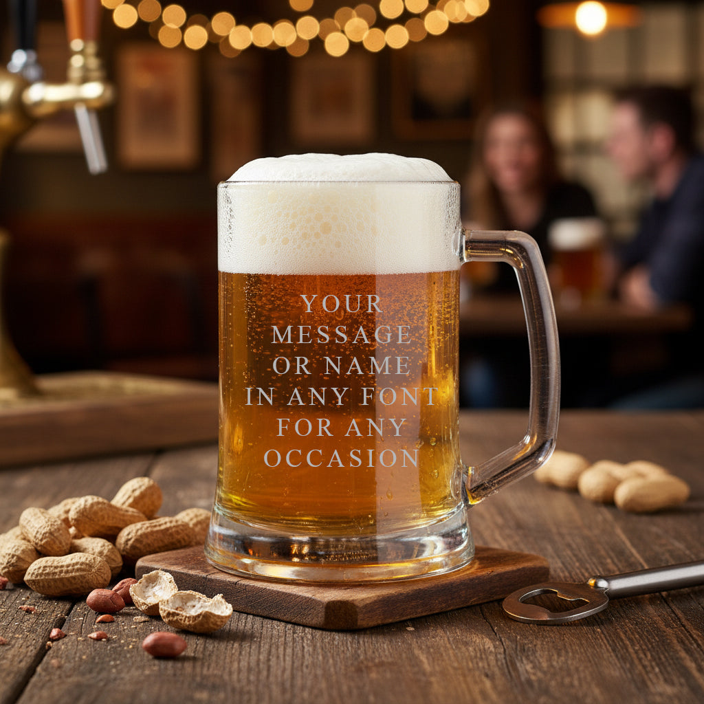 Personalised Engraved Beer Stein Glass, 510ml Capacity, Laser Engraved, Dishwasher Safe, Gift Boxed personalised beer glasses ukgiftstoreonline