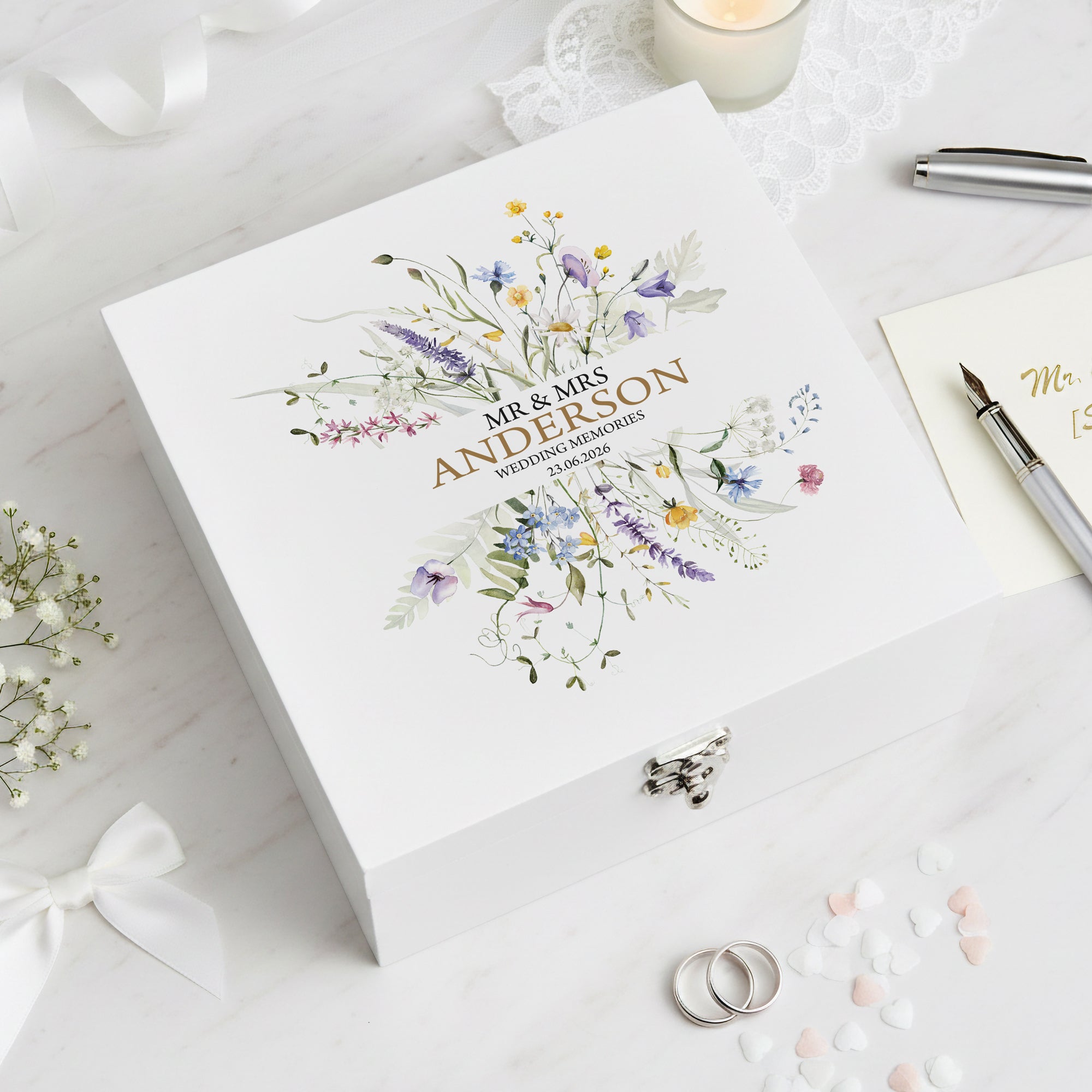 Personalised Wedding Keepsake Box – Elegant Floral Design With Wildflower Prints ukgiftstoreonline Wooden Box Medium
