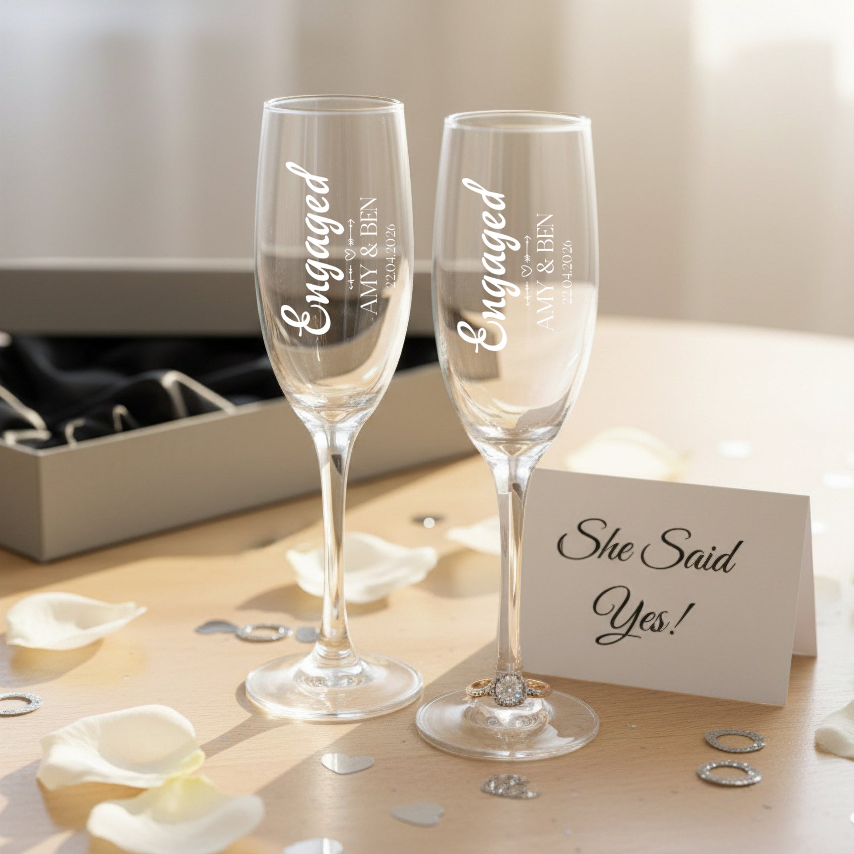 Personalised Engagement Champagne Glasses – Custom Engraved Flutes With Luxury Gift Box Personalised Champagne Glasses ukgiftstoreonline