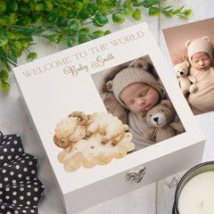 Personalised White Baby Memory Box, Cute Sleeping Animal Design, Keepsake For Special and Favourite Mementos