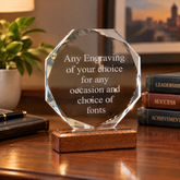 Personalised Engraved Trophy, Octagon Glass Wood Base Award Plaque Jade Glass ukgiftstoreonline