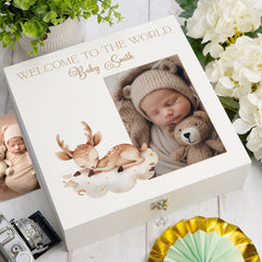 Personalised White Baby Memory Box, Cute Sleeping Animal Design, Keepsake For Special and Favourite Mementos