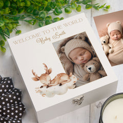 Personalised White Baby Memory Box, Cute Sleeping Animal Design, Keepsake For Special and Favourite Mementos