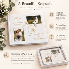 Personalised Wedding Photo Album, White Gold Frame, Floral Design photo album ukgiftstoreonline