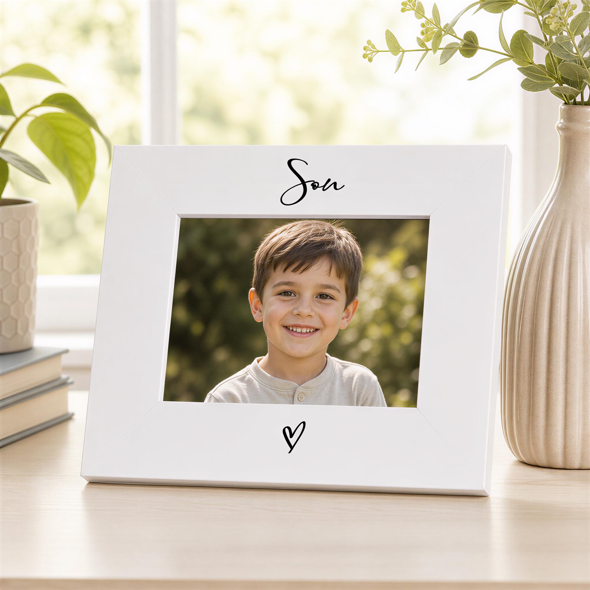 White Son Photo Frame - 6x4 Landscape Frame with Heart Detail | Wooden Gift ukgiftstoreonline