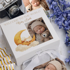 Personalised White Baby Memory Box, Cute Sleeping Animal Design, Keepsake For Special and Favourite Mementos