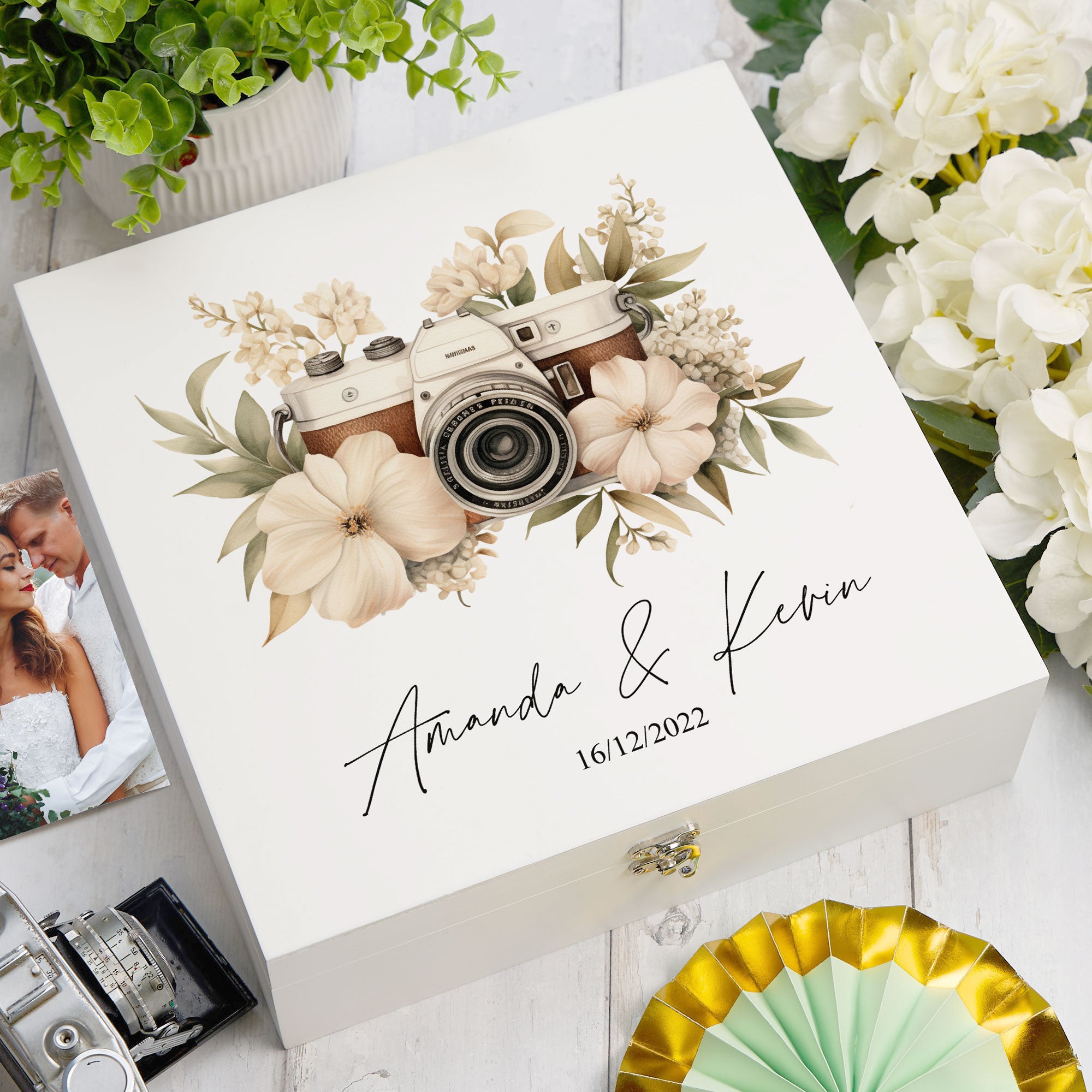 Personalised Wedding Box With Floral Camera Design Keepsake Wooden Box ukgiftstoreonline Wood Box Large