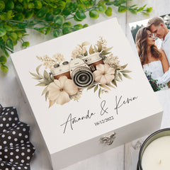Personalised Wedding Box With Floral Camera Design Keepsake Wooden Box ukgiftstoreonline Wood Box Medium