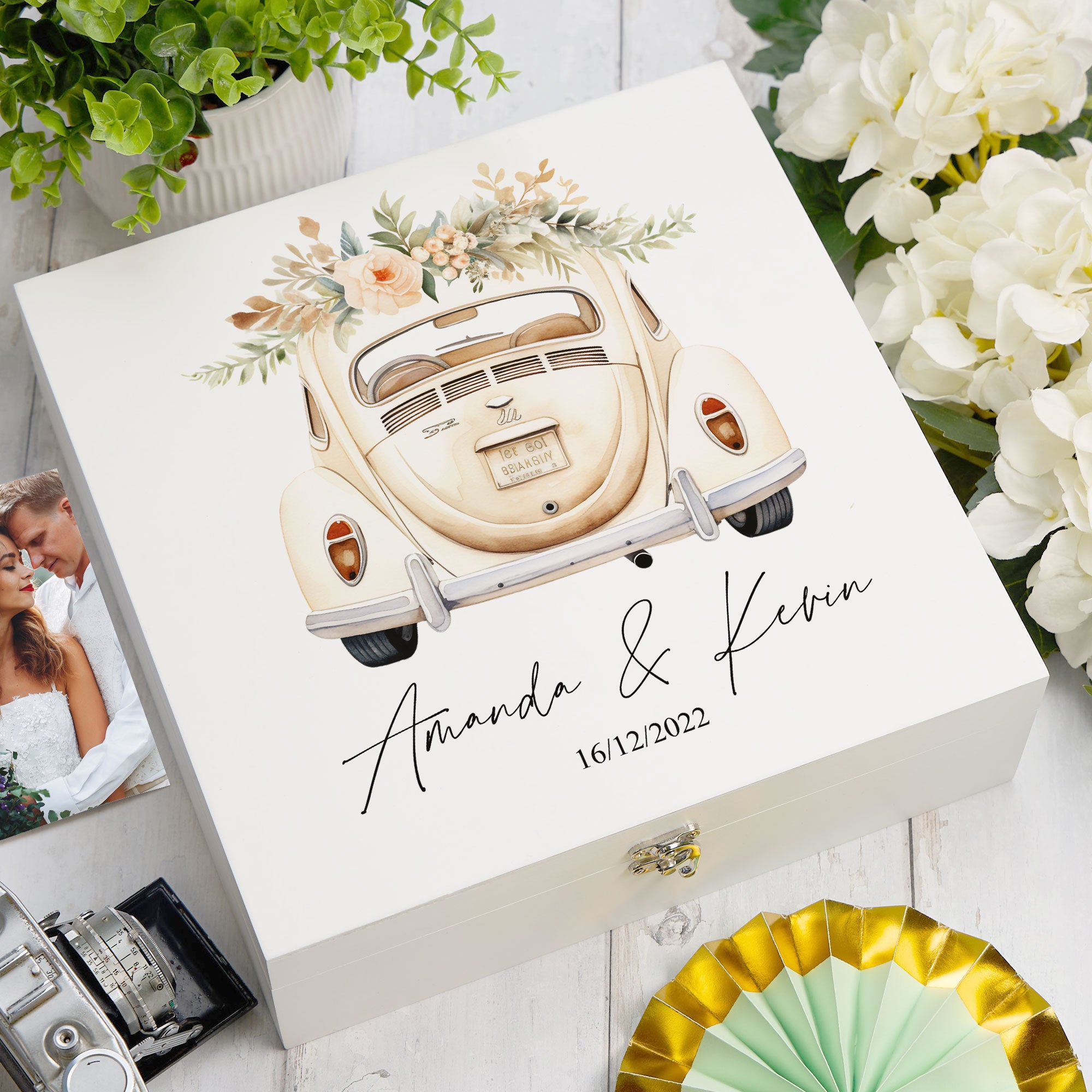Personalised Wedding Box With Floral Car Design Keepsake Wooden Box ukgiftstoreonline Wood Box Large