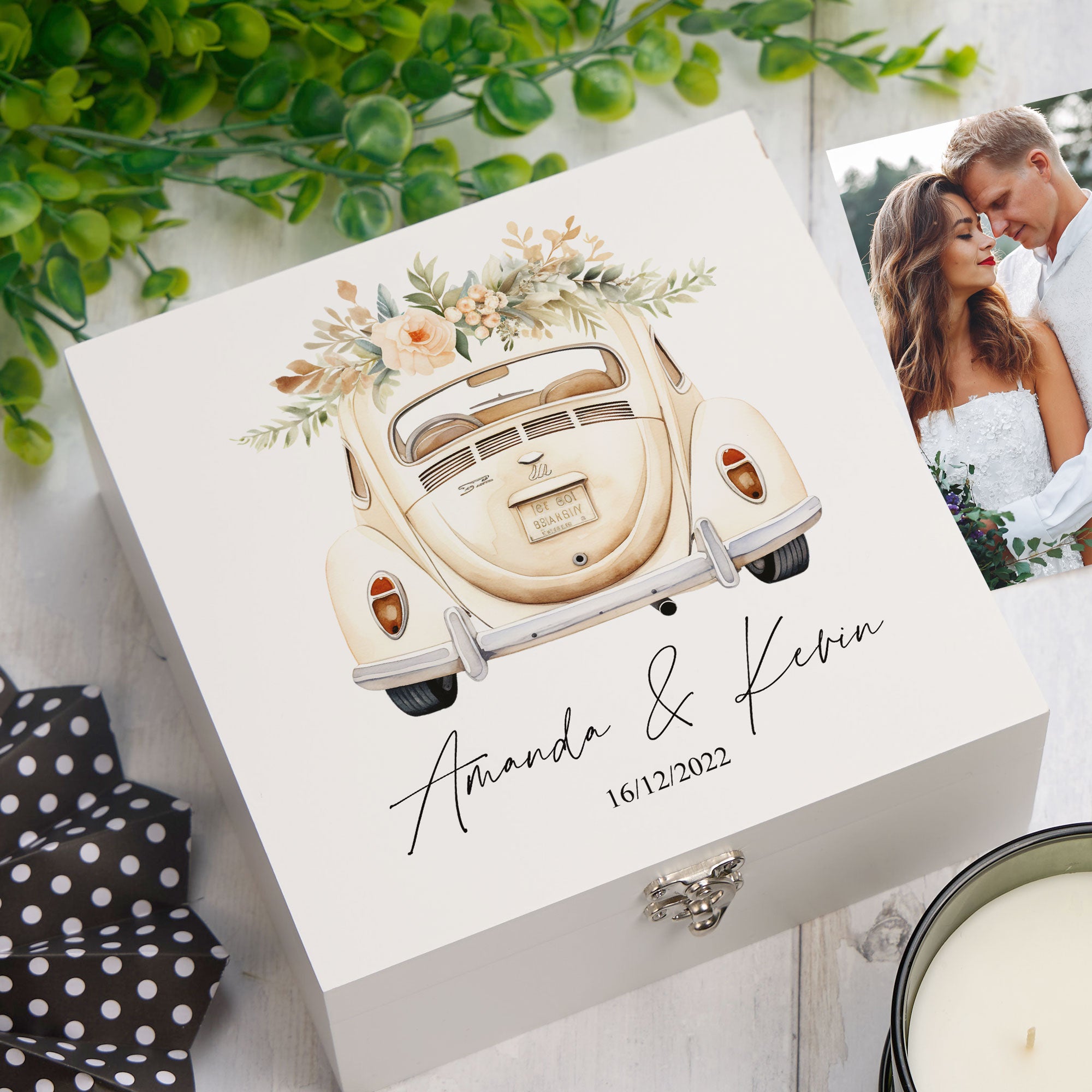 Personalised Wedding Box With Floral Car Design Keepsake Wooden Box ukgiftstoreonline Wood Box Medium