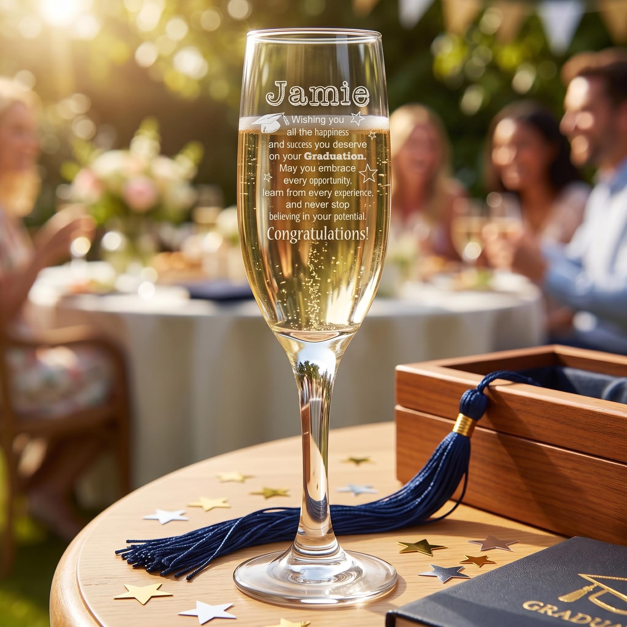 A personalized graduation glass with a heartfelt message engraved on it, placed on a table with a tassel and a graduation cap.