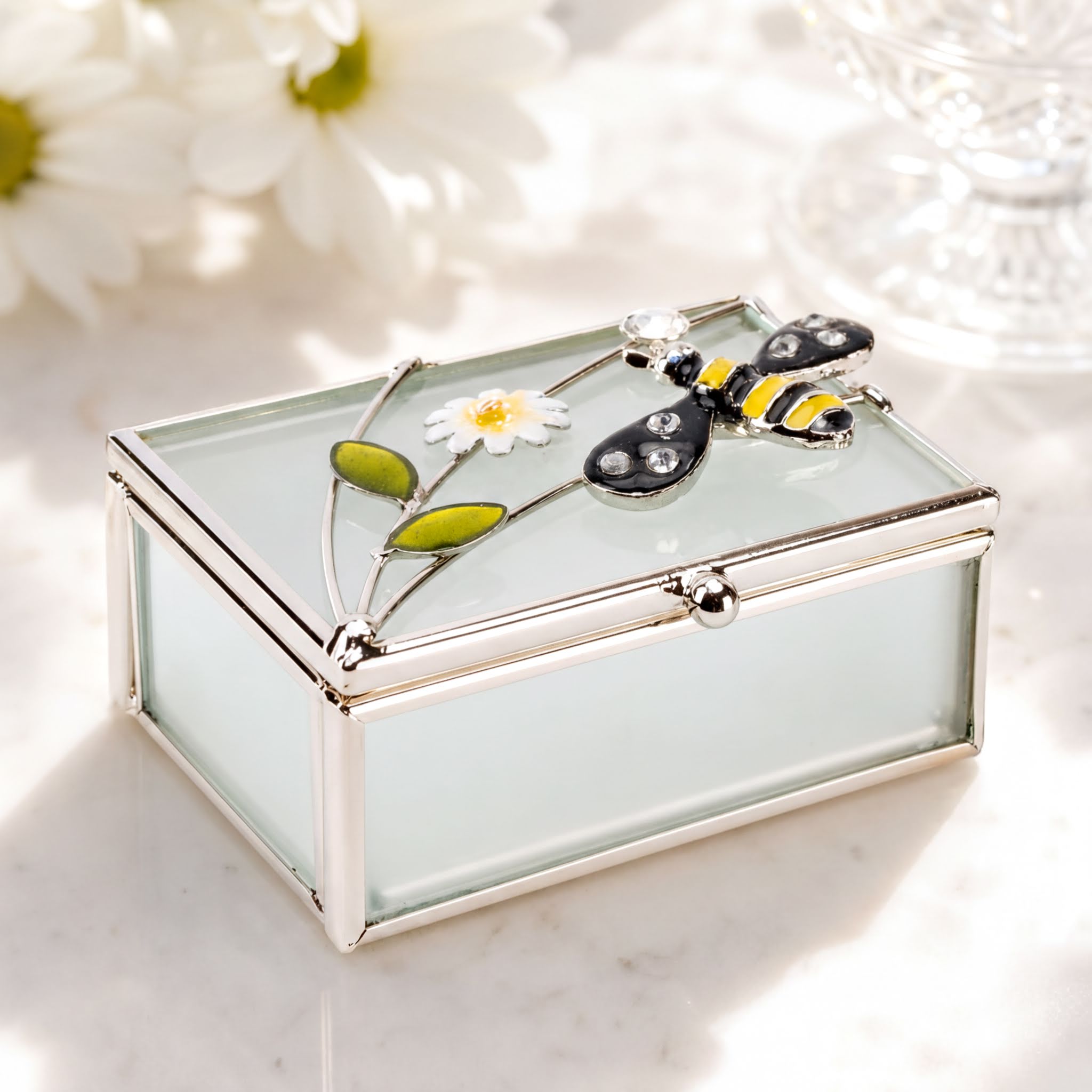 Vintage Style Glass & Wire Bumble Bee Rectangle Trinket Box Gift For Her ukgiftstoreonline