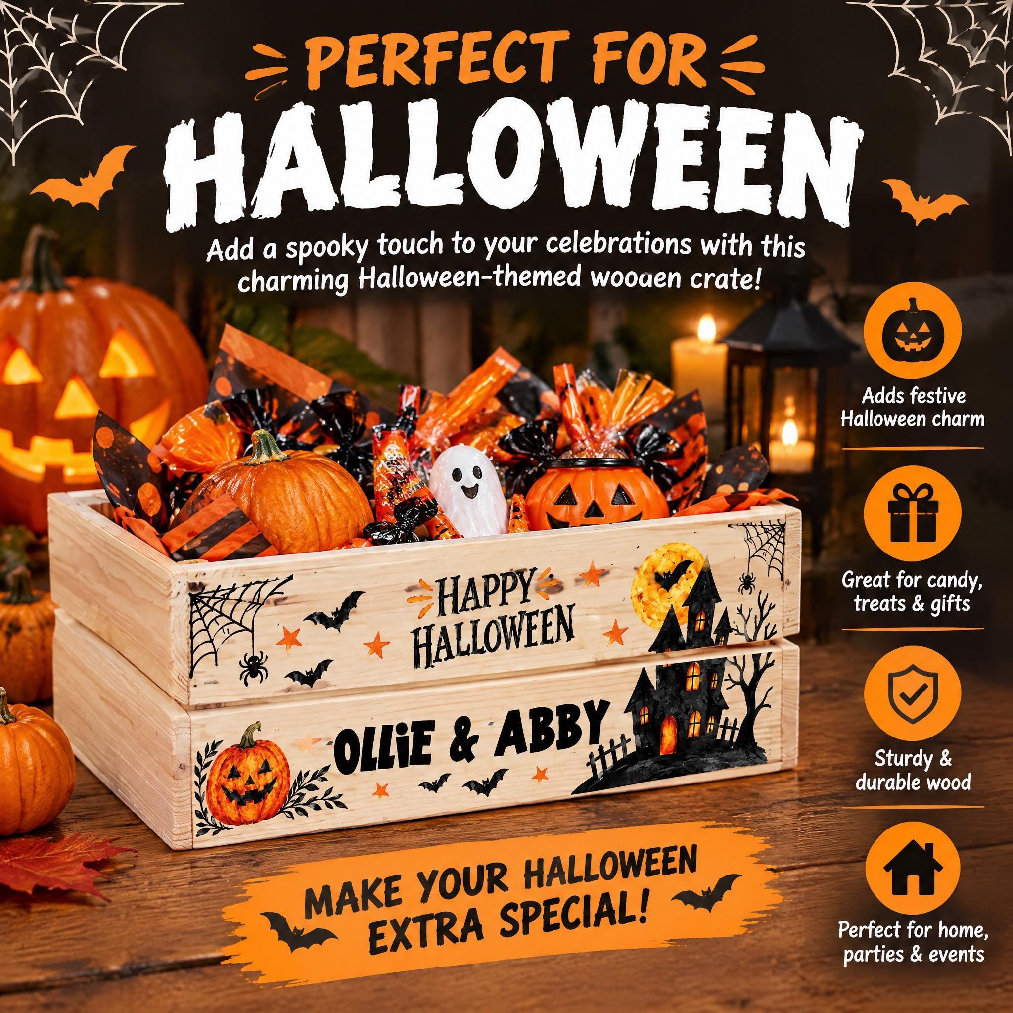 Personalised Halloween Crate, Wooden Trick Or Treat Box, 30.5Cm ukgiftstoreonline