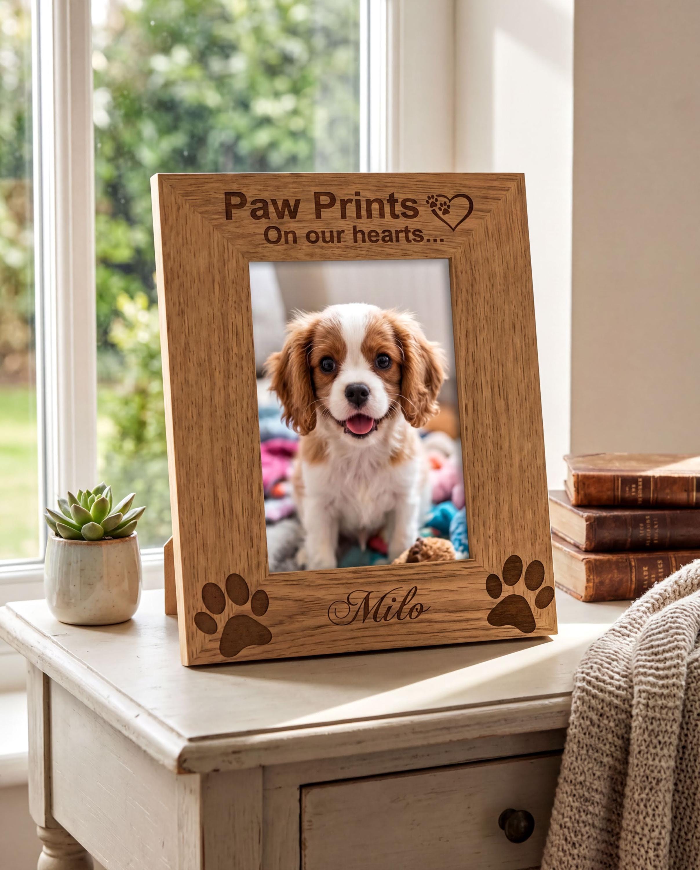 A wooden picture frame with a photo of a small dog inside, placed on a table near a window.