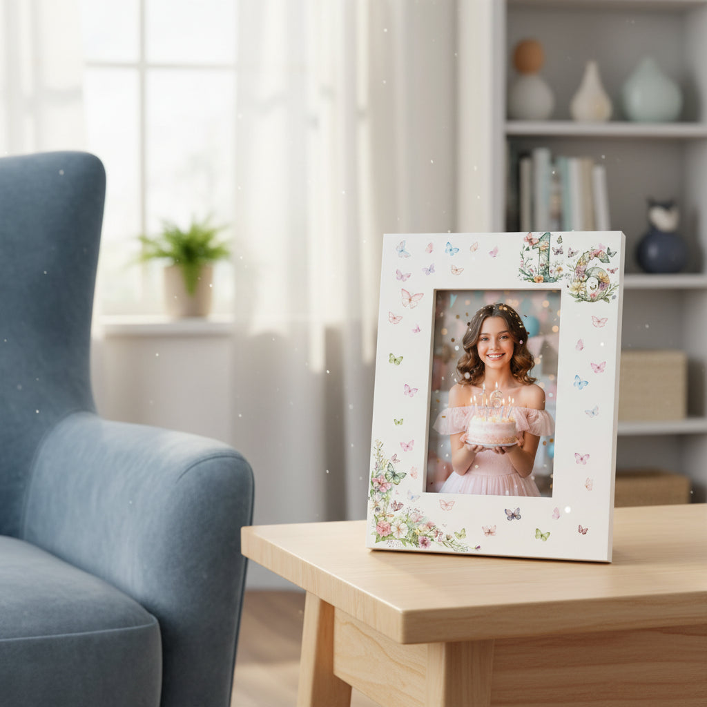 16th Birthday Photo Picture Frame Gift For Her With Butterflies and Flowers Photo Frame ukgiftstoreonline