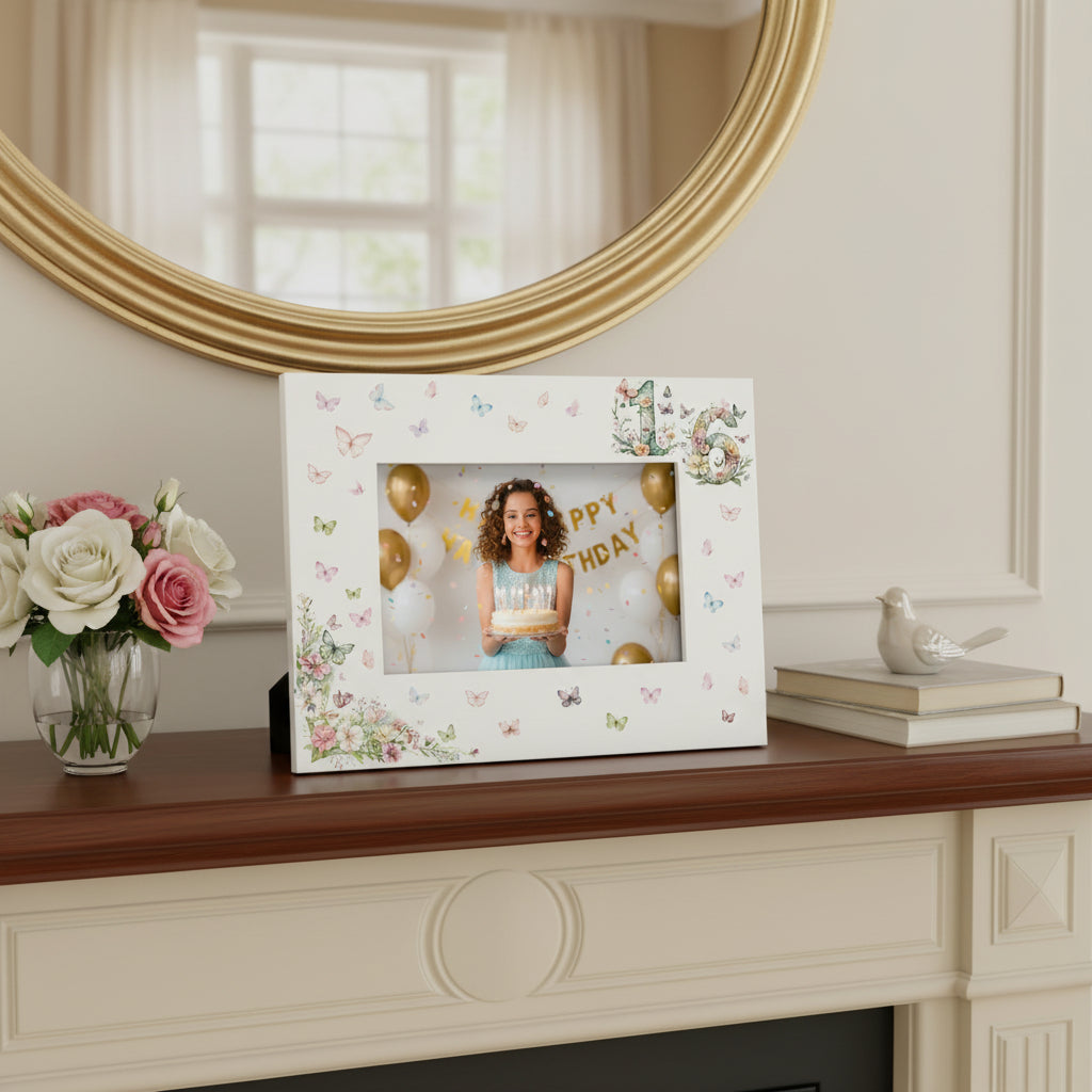 16th Birthday Photo Picture Frame Gift For Her With Butterflies and Flowers Photo Frame ukgiftstoreonline Landscape