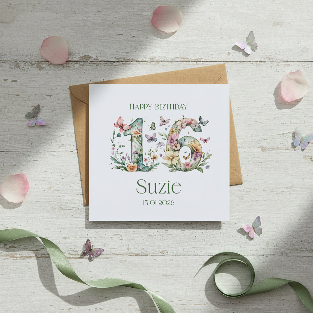Personalised Luxury Linen 16th Birthday Card, Granddaughter Daughter Sister Niece Cousin Friend, Teen Girl Floral Numbers Personalised Cards ukgiftstoreonline