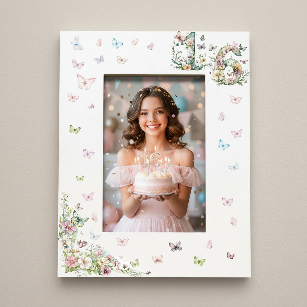 16th Birthday Photo Picture Frame Gift For Her With Butterflies and Flowers Photo Frame ukgiftstoreonline