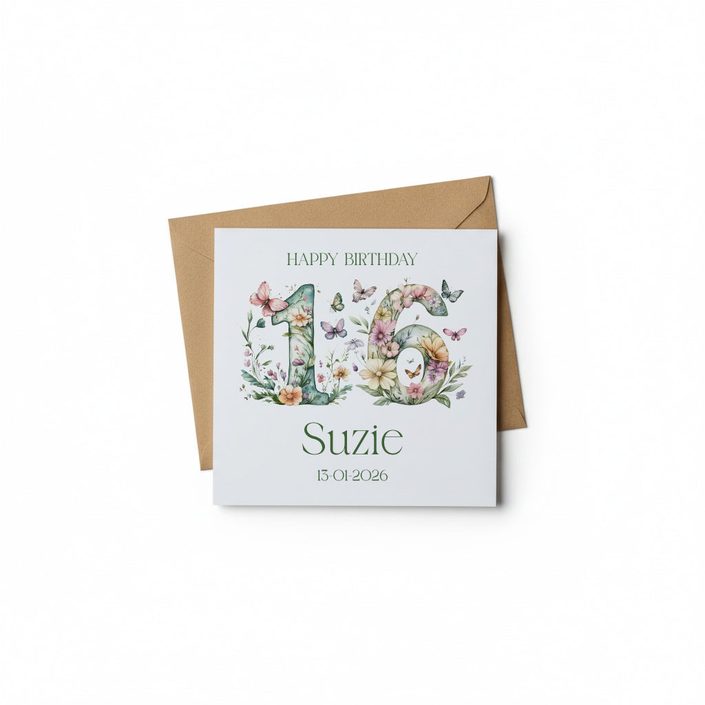 Personalised Luxury Linen 16th Birthday Card, Granddaughter Daughter Sister Niece Cousin Friend, Teen Girl Floral Numbers Personalised Cards ukgiftstoreonline