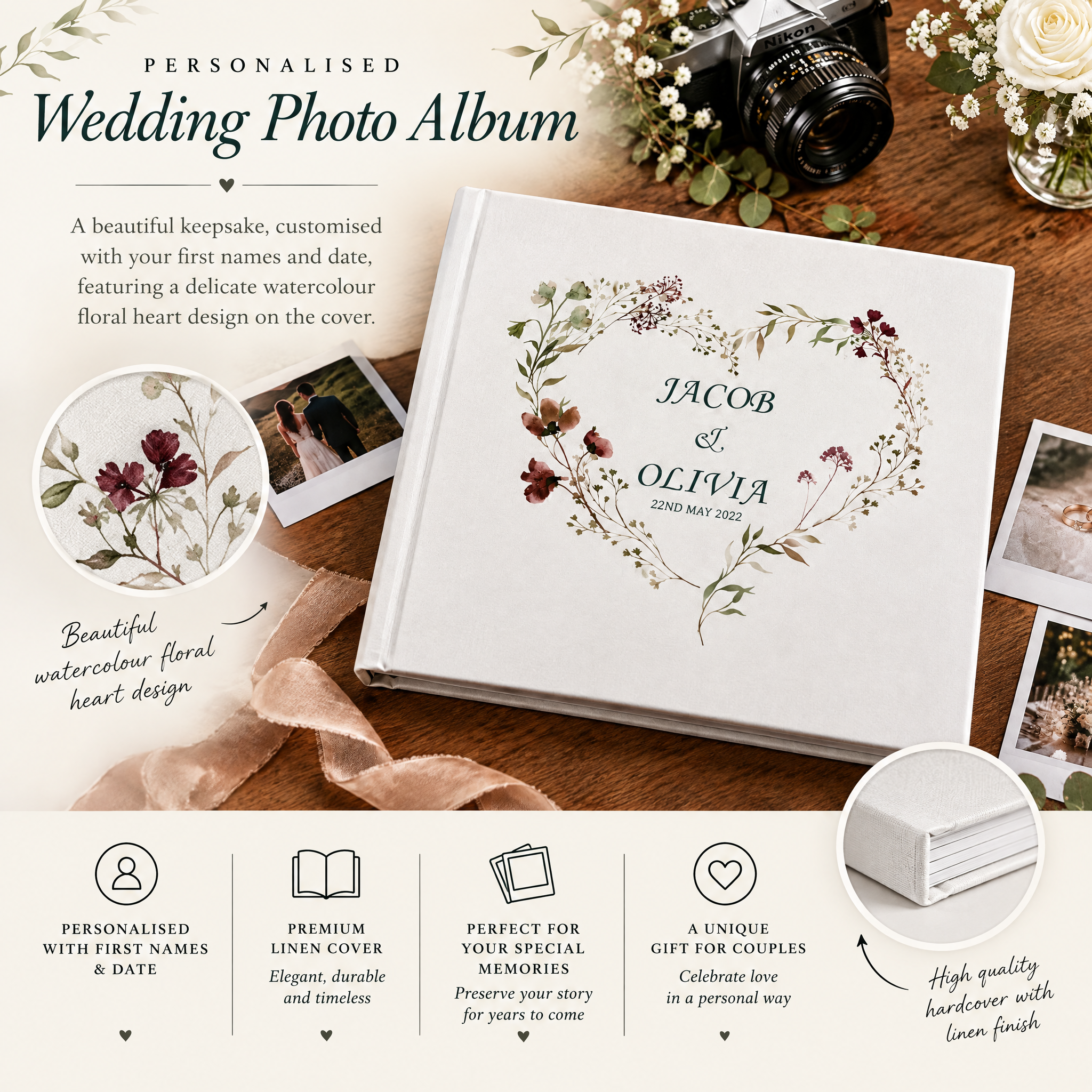 Personalised Wedding Photo Album Gift Watercolour Floral Heart photo album ukgiftstoreonline