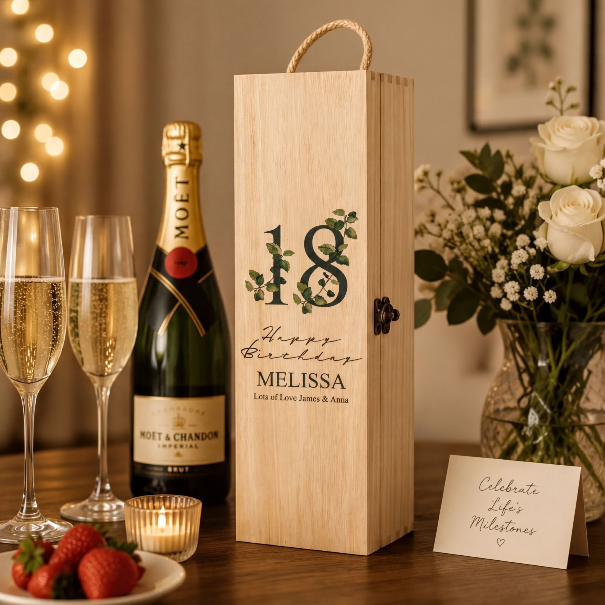 Personalised 18th Birthday Wine or Champagne Box Gift With Leaf Design WI-5 Champagne Bottle Holder ukgiftstoreonline